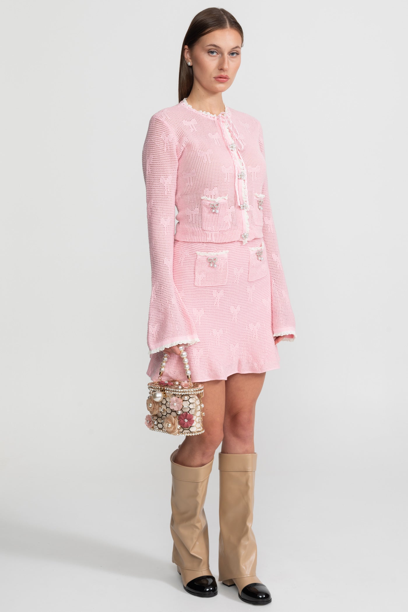 Knit Co-ord Set With Pearl and Bow Detailing – Baby Pink