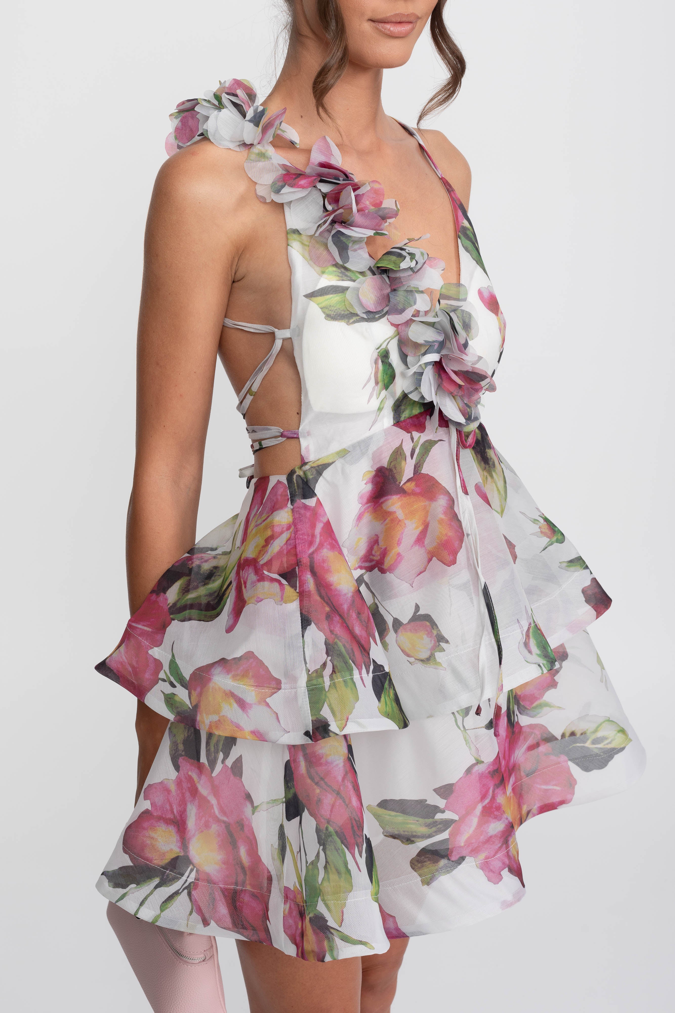 Floral Print Tiered Mini Dress With Ruffled Shoulder Strap - White