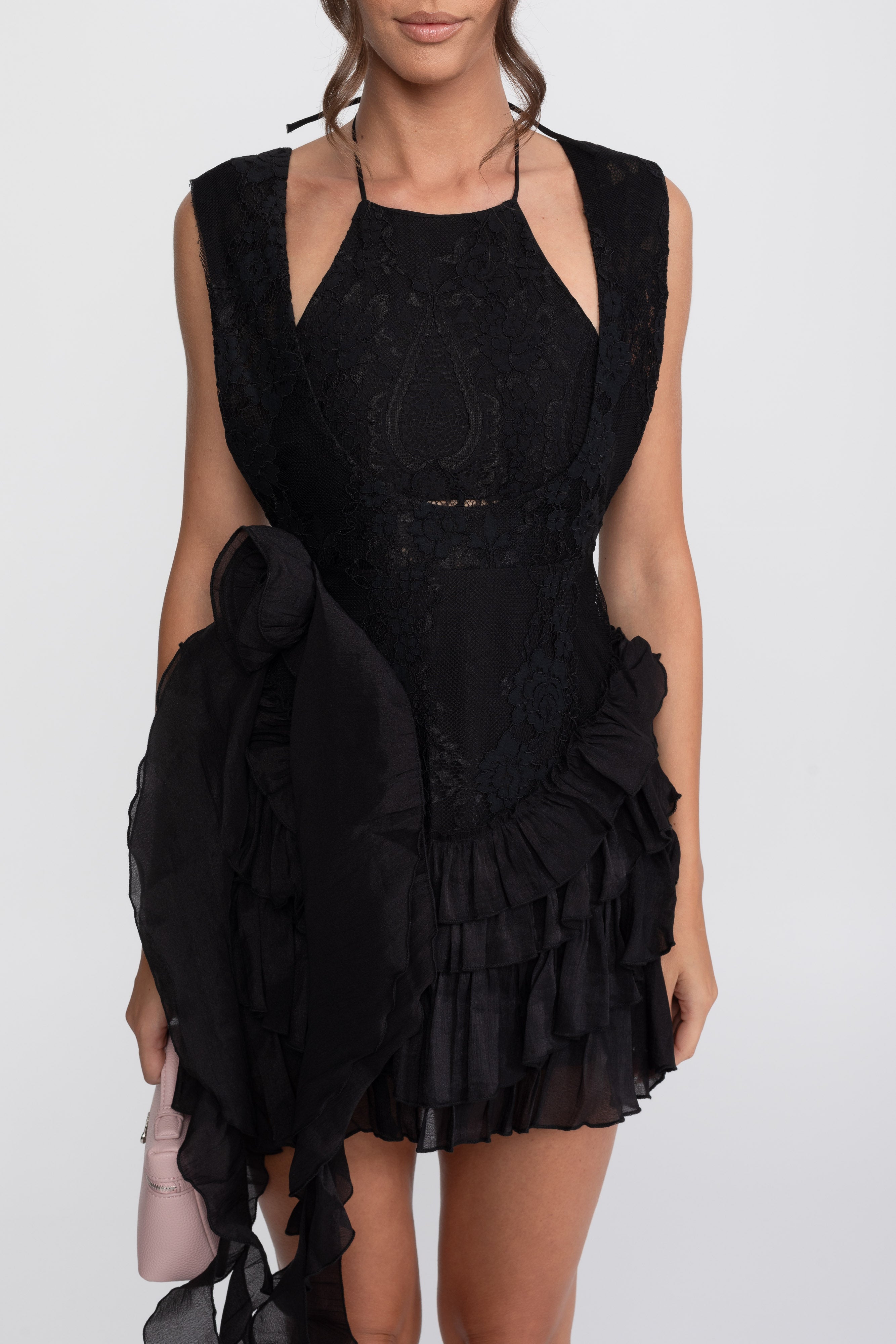 Spitzen-Halter-Minikleid mit Rosetten und Rüschenrock - Schwarz 