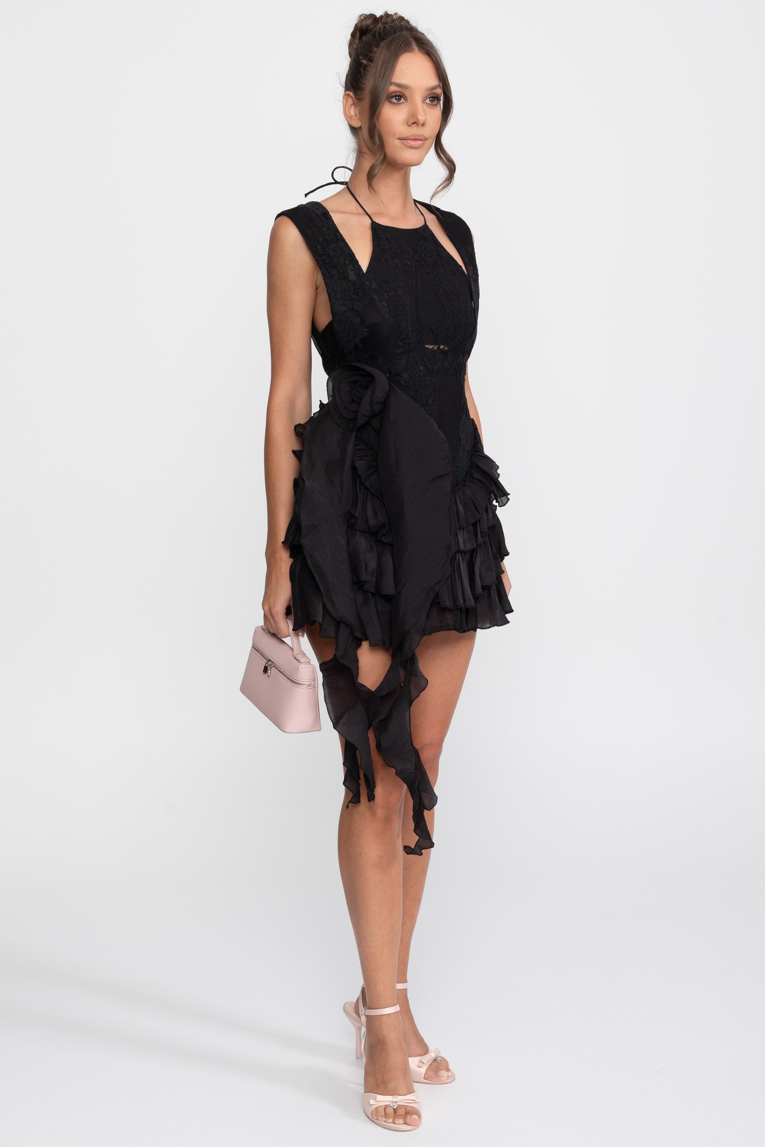 Spitzen-Halter-Minikleid mit Rosetten und Rüschenrock - Schwarz 