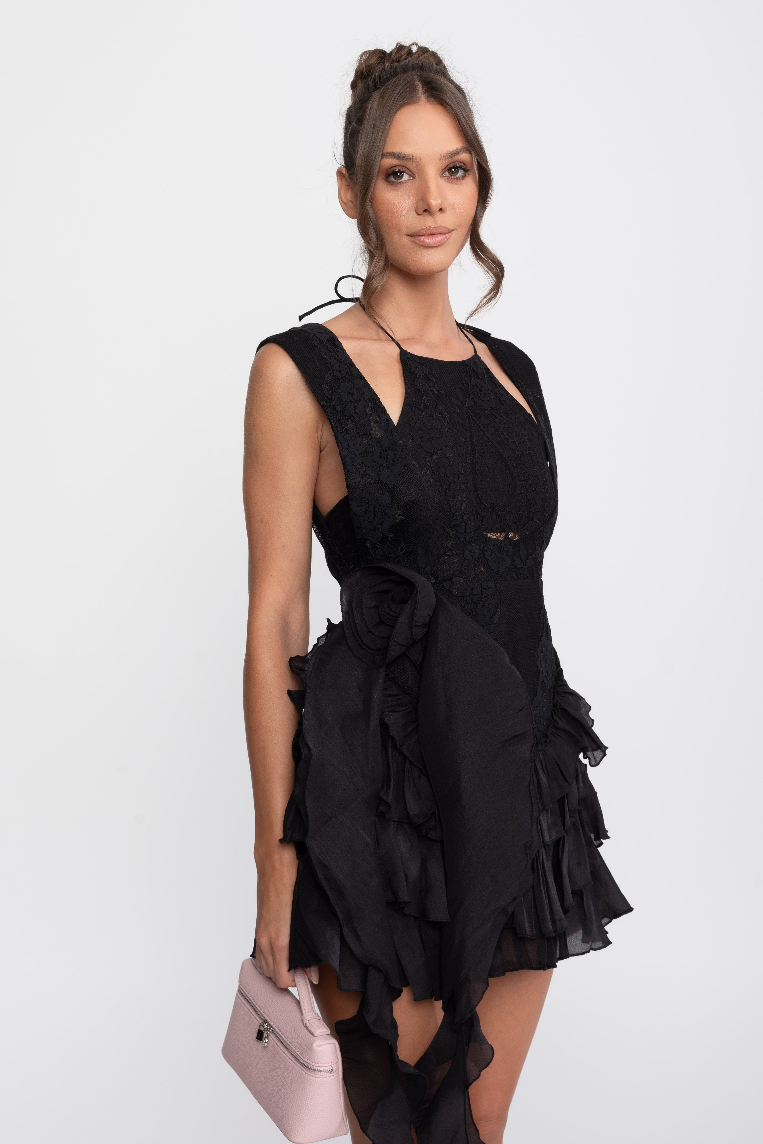Spitzen-Halter-Minikleid mit Rosetten und Rüschenrock - Schwarz 