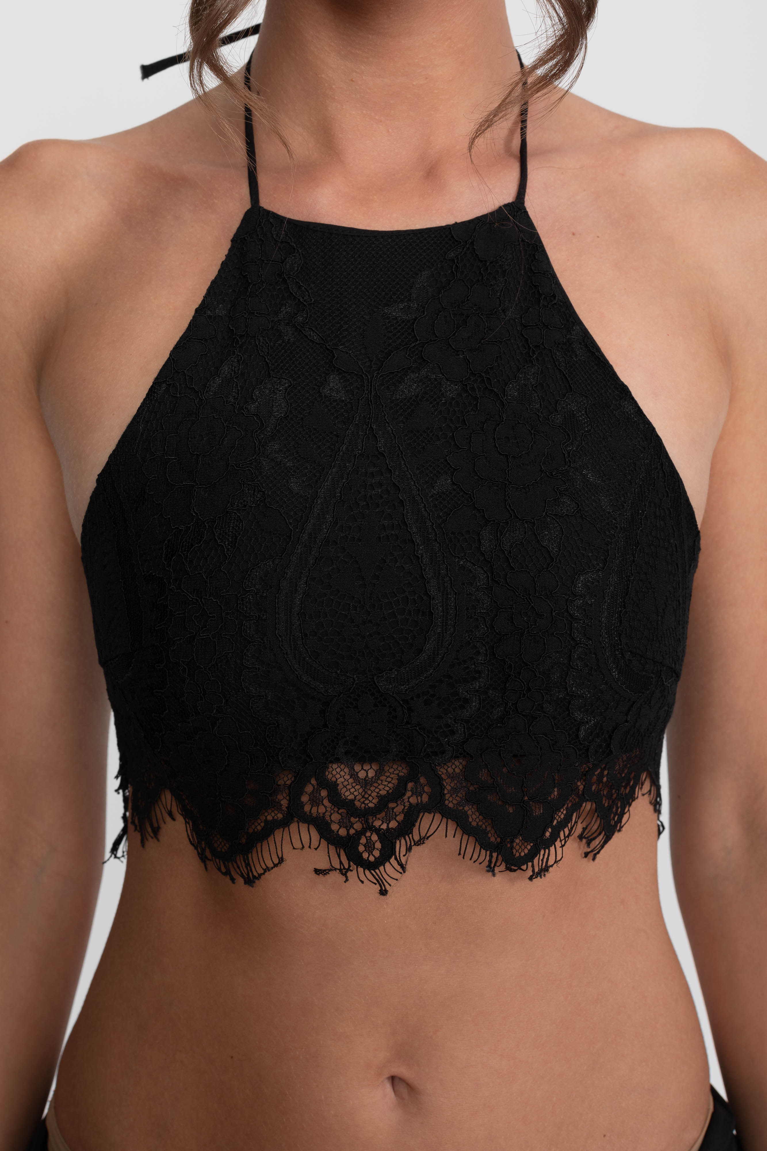 Spitzen-Halter-Minikleid mit Rosetten und Rüschenrock - Schwarz 