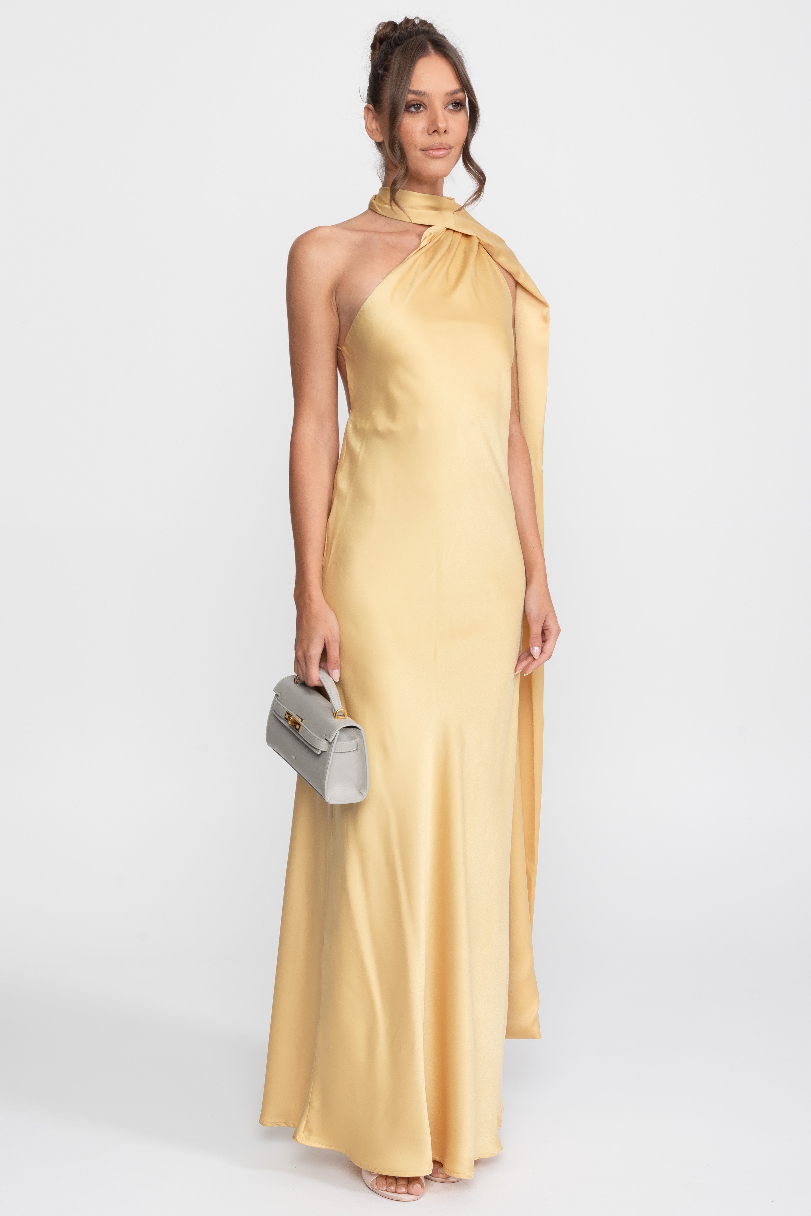 Twist-Halfter-Satin-Slip-Kleid mit asymmetrischem Ausschnitt - Gelb 