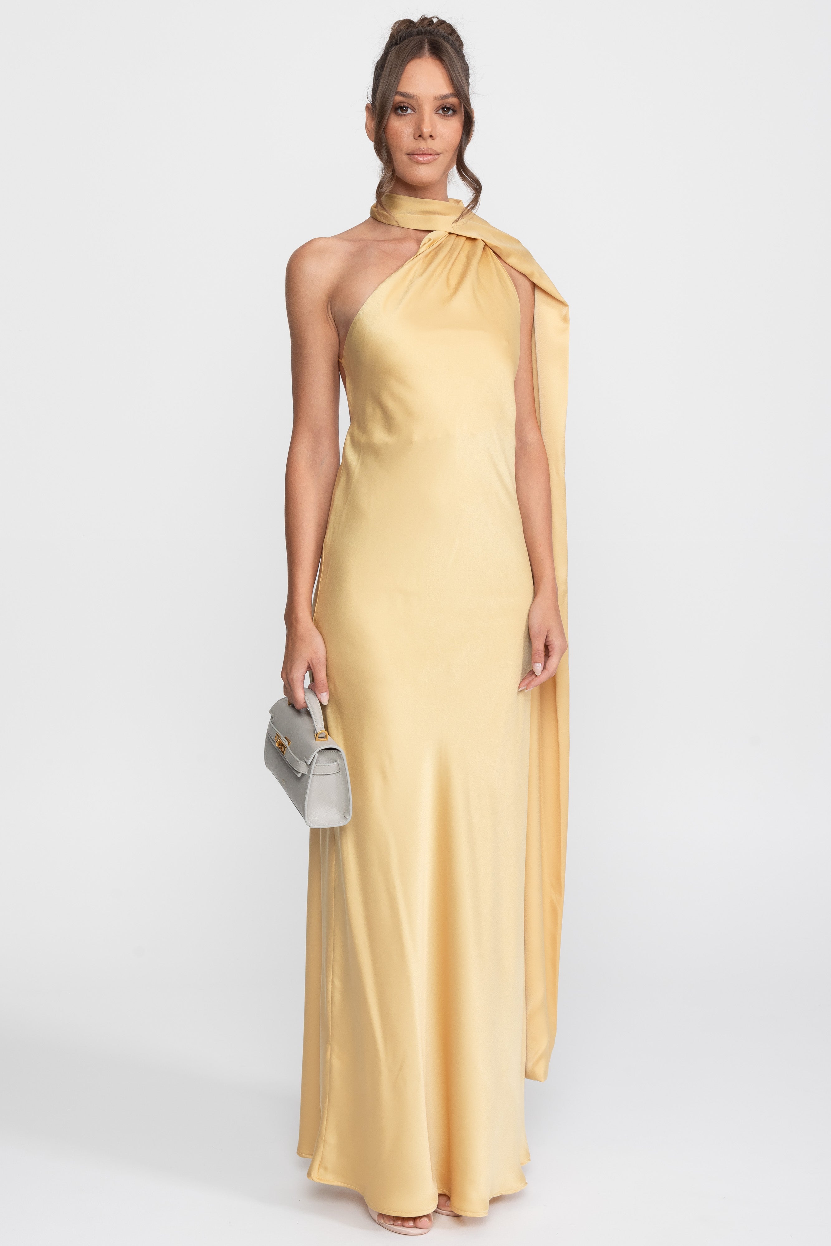 Twist-Halfter-Satin-Slip-Kleid mit asymmetrischem Ausschnitt - Gelb 