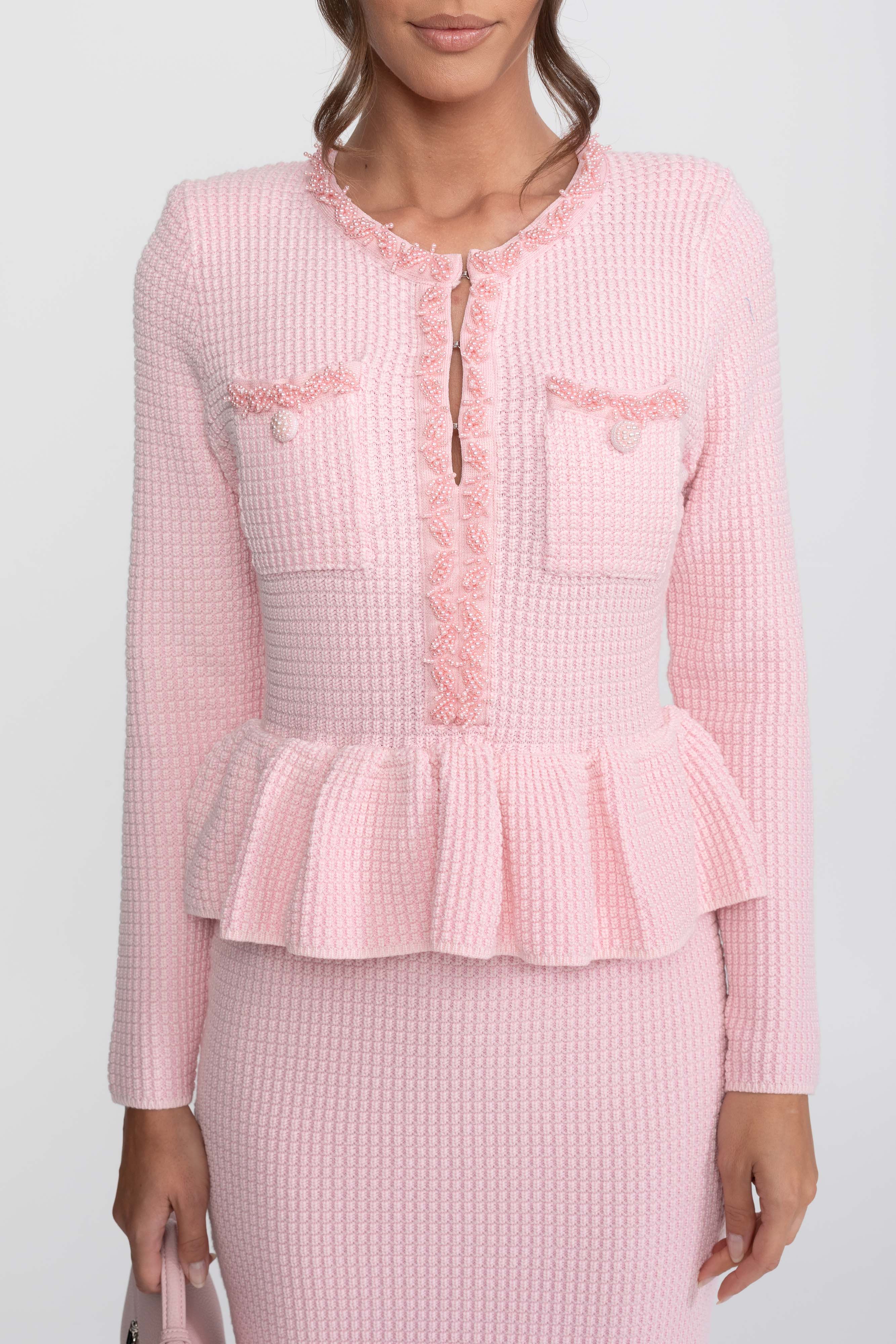 Strick-Peplum-Kleid mit Fransenbesatz und aufgesetzten Brusttaschen vorne - Pink 