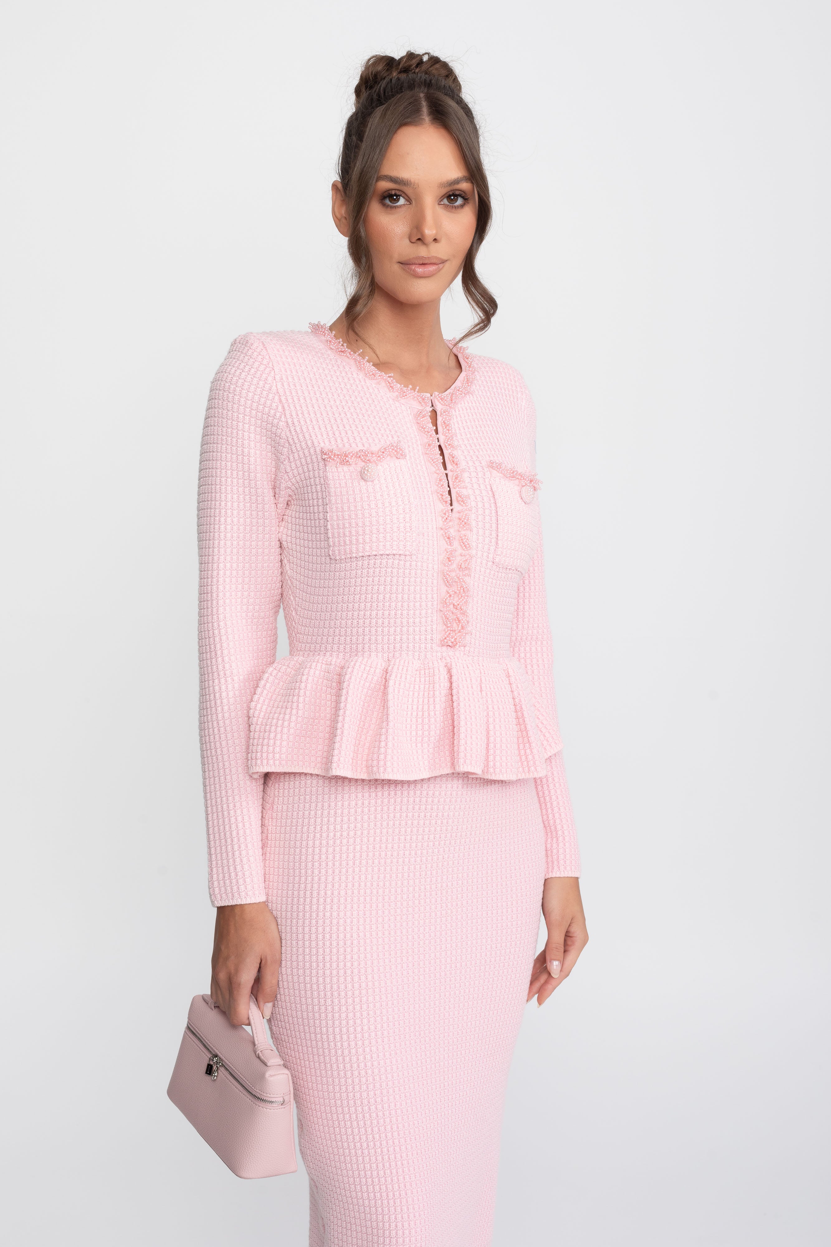 Strick-Peplum-Kleid mit Fransenbesatz und aufgesetzten Brusttaschen vorne - Pink 