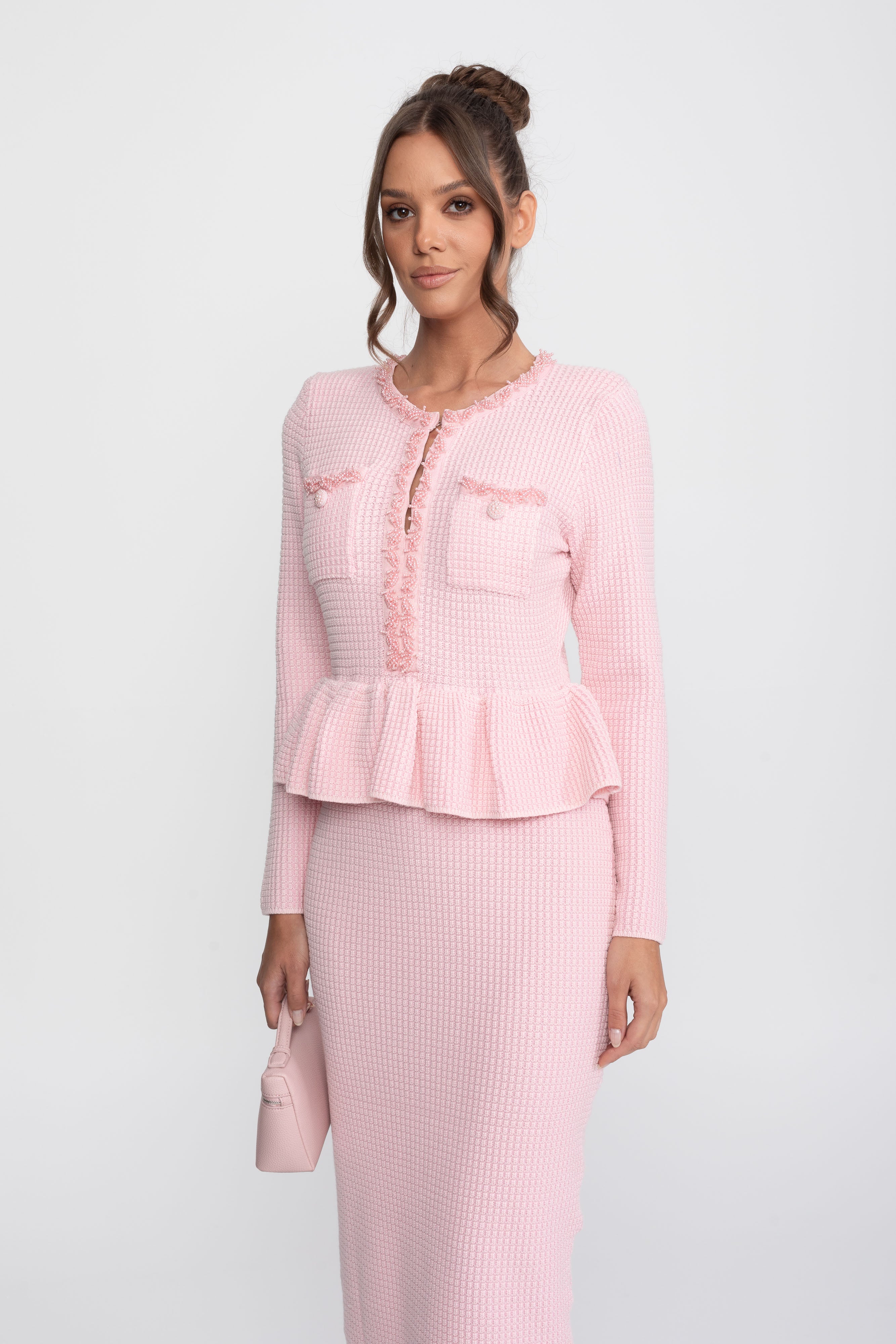 Strick-Peplum-Kleid mit Fransenbesatz und aufgesetzten Brusttaschen vorne - Pink 