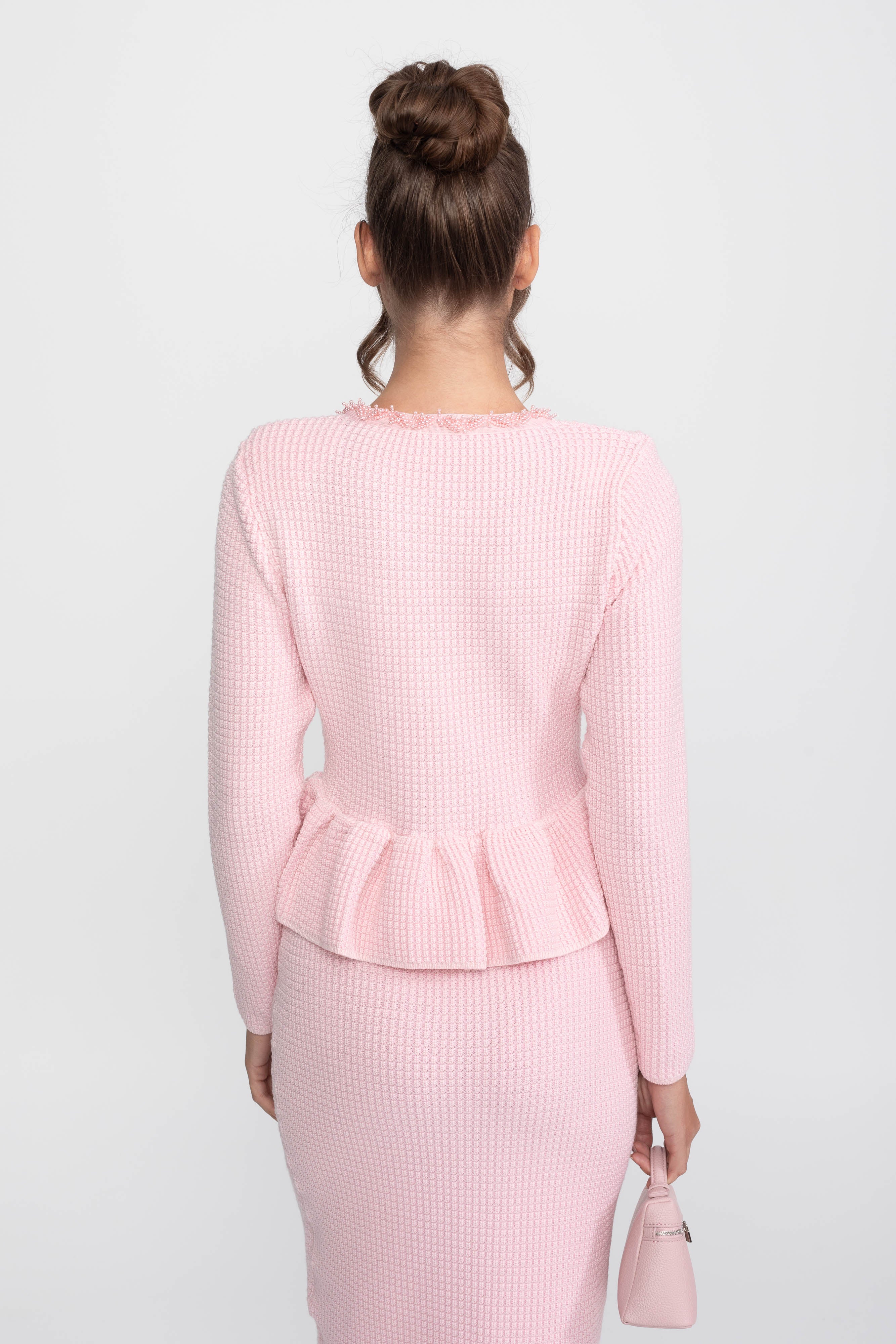Strick-Peplum-Kleid mit Fransenbesatz und aufgesetzten Brusttaschen vorne - Pink 
