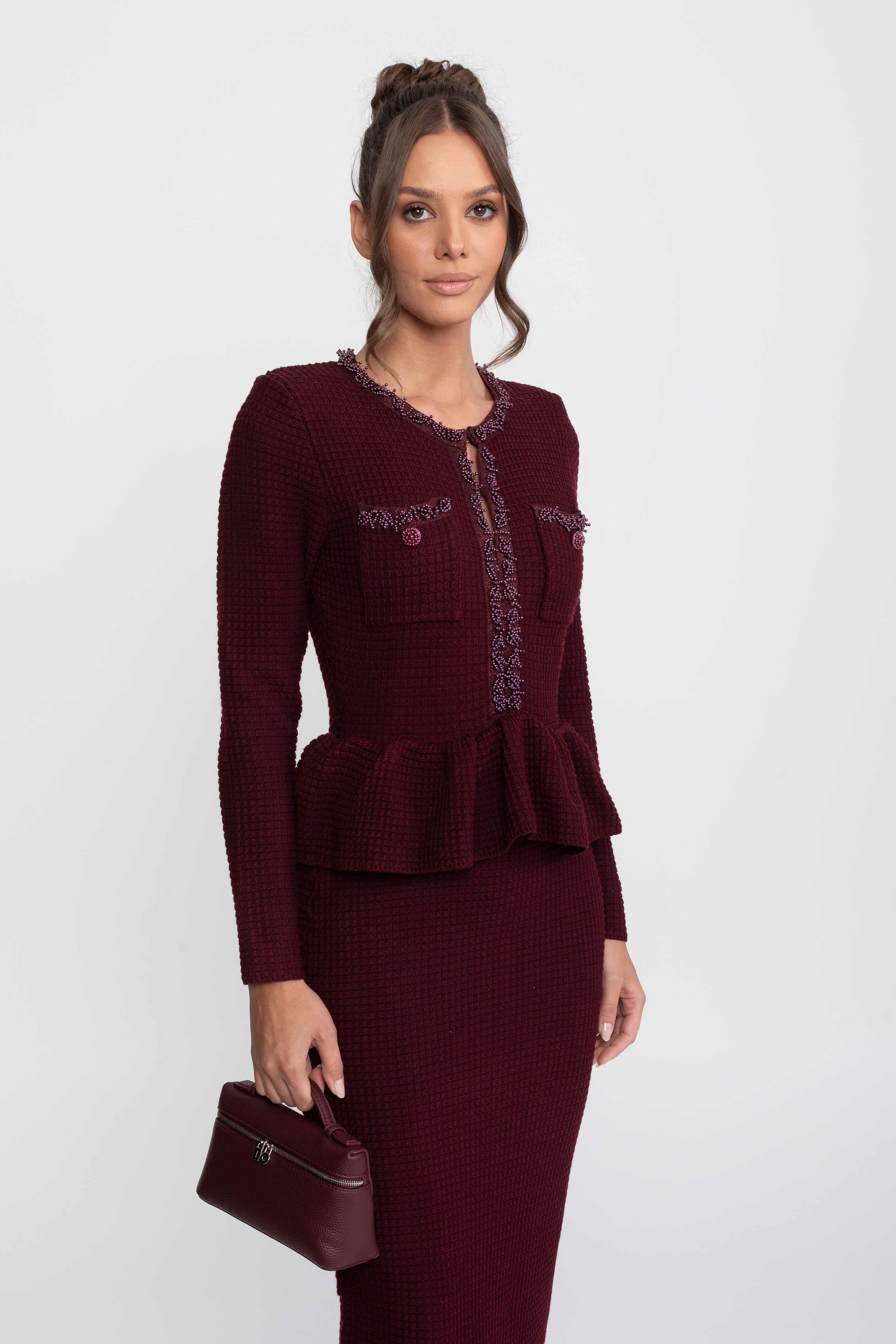 Fringe Trim Knit Peplum Dress With Front Chest Pockets - Burgundy