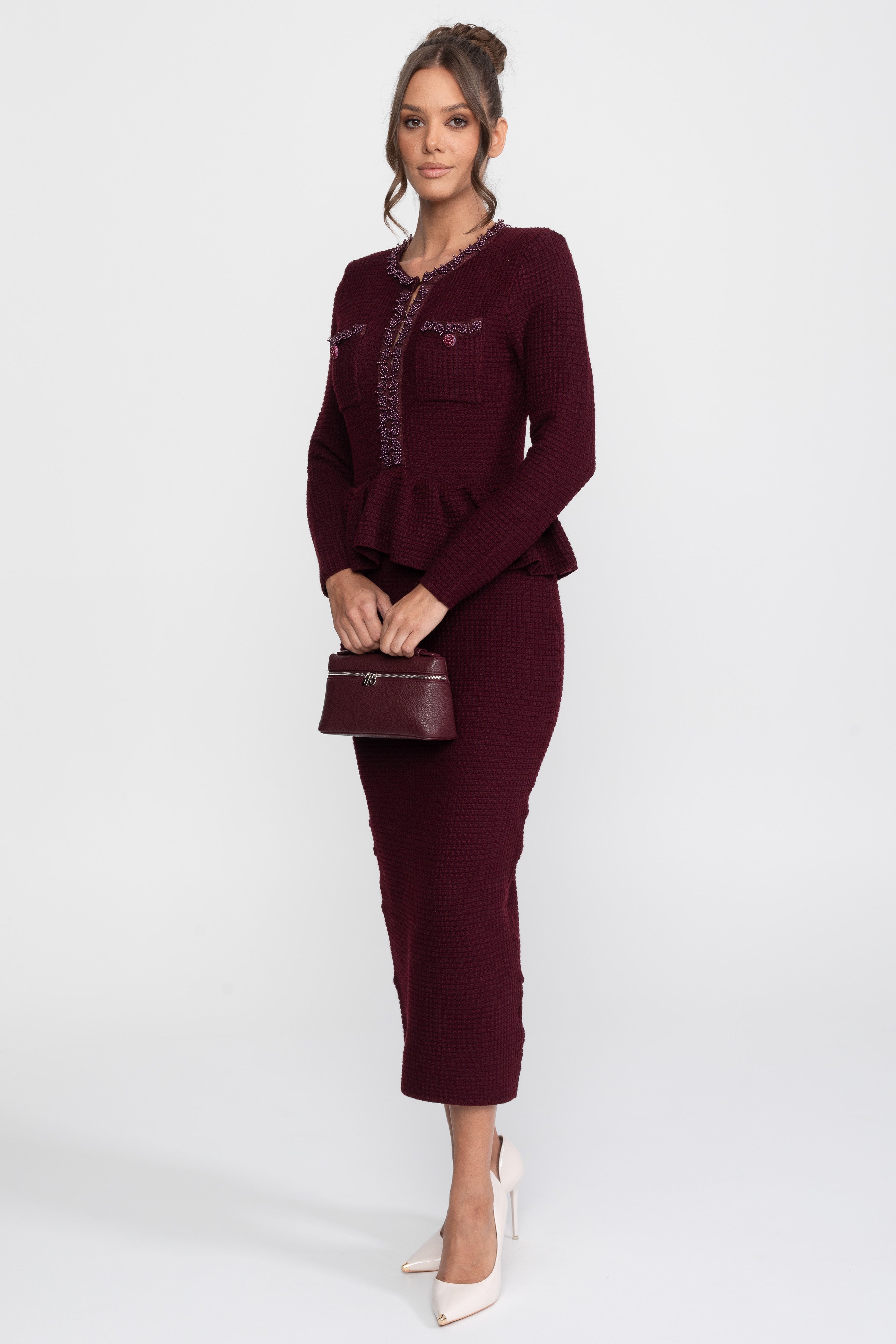 Fringe Trim Knit Peplum Dress With Front Chest Pockets - Burgundy