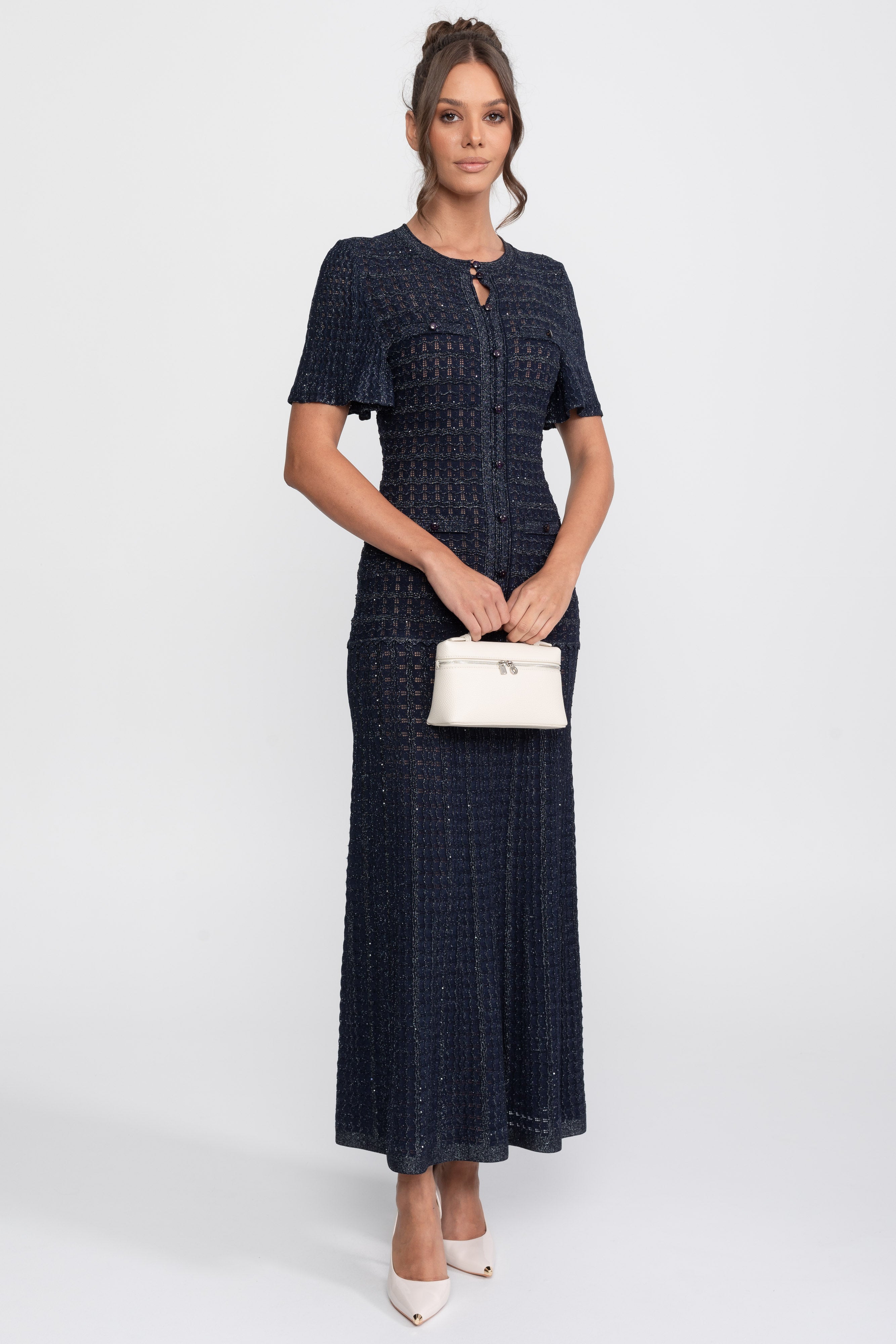 Midi-Kleid mit kurzen Ärmeln und schimmernder Strickstruktur - Navy 