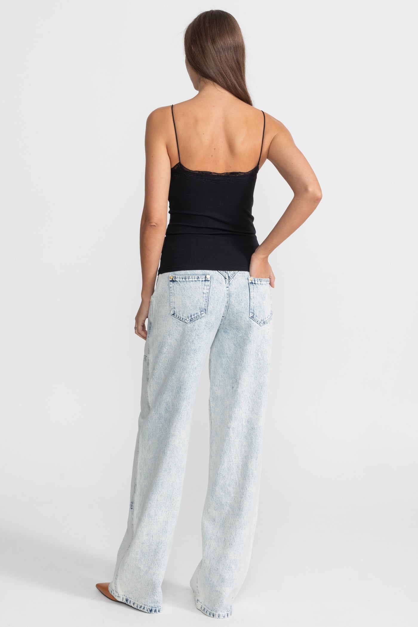 Lace-Trimmed Ribbed Camisole with Buttoned Front - Black