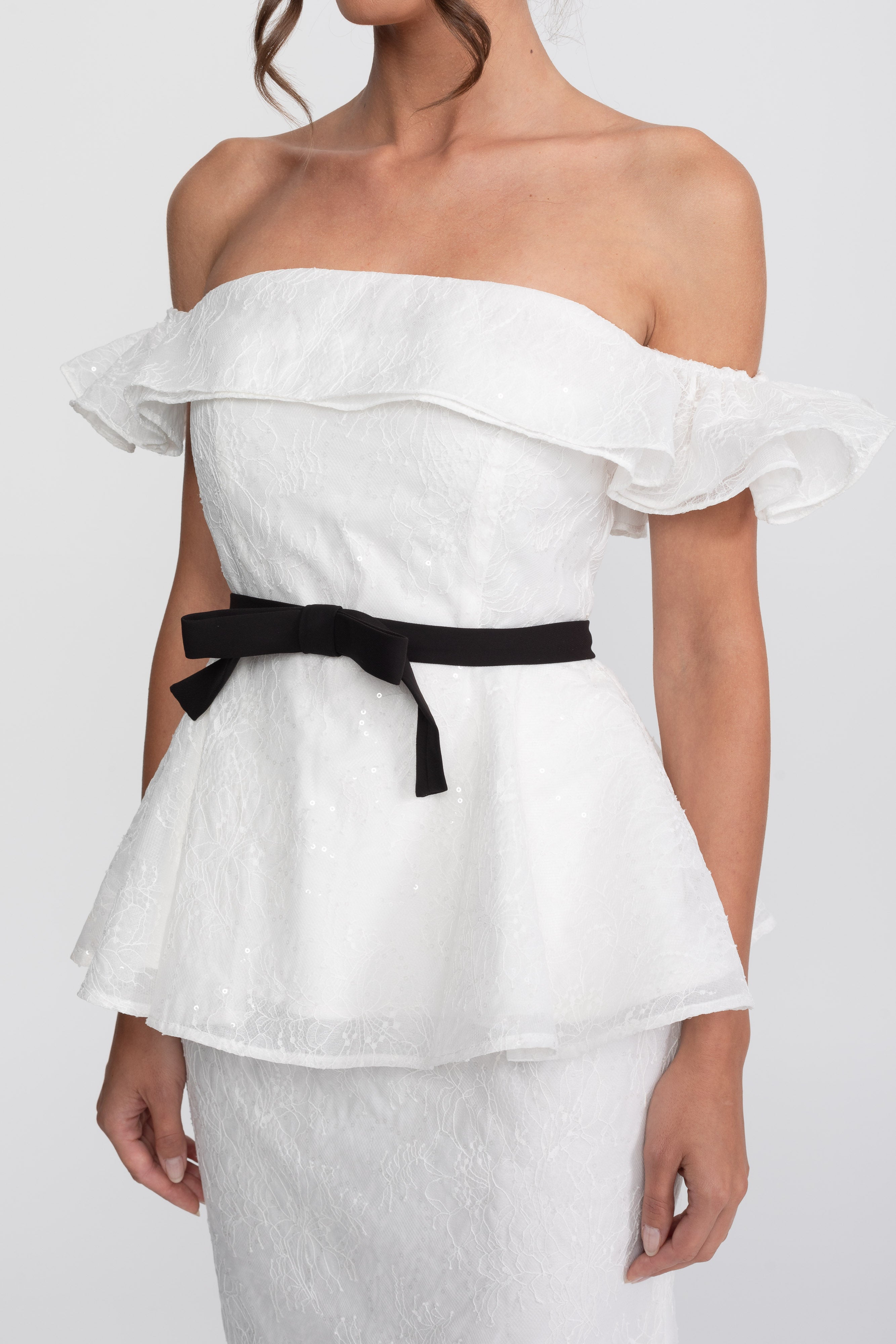 Off-Shoulder Peplum Top And Skirt Set With Black Ribbon Belt - White