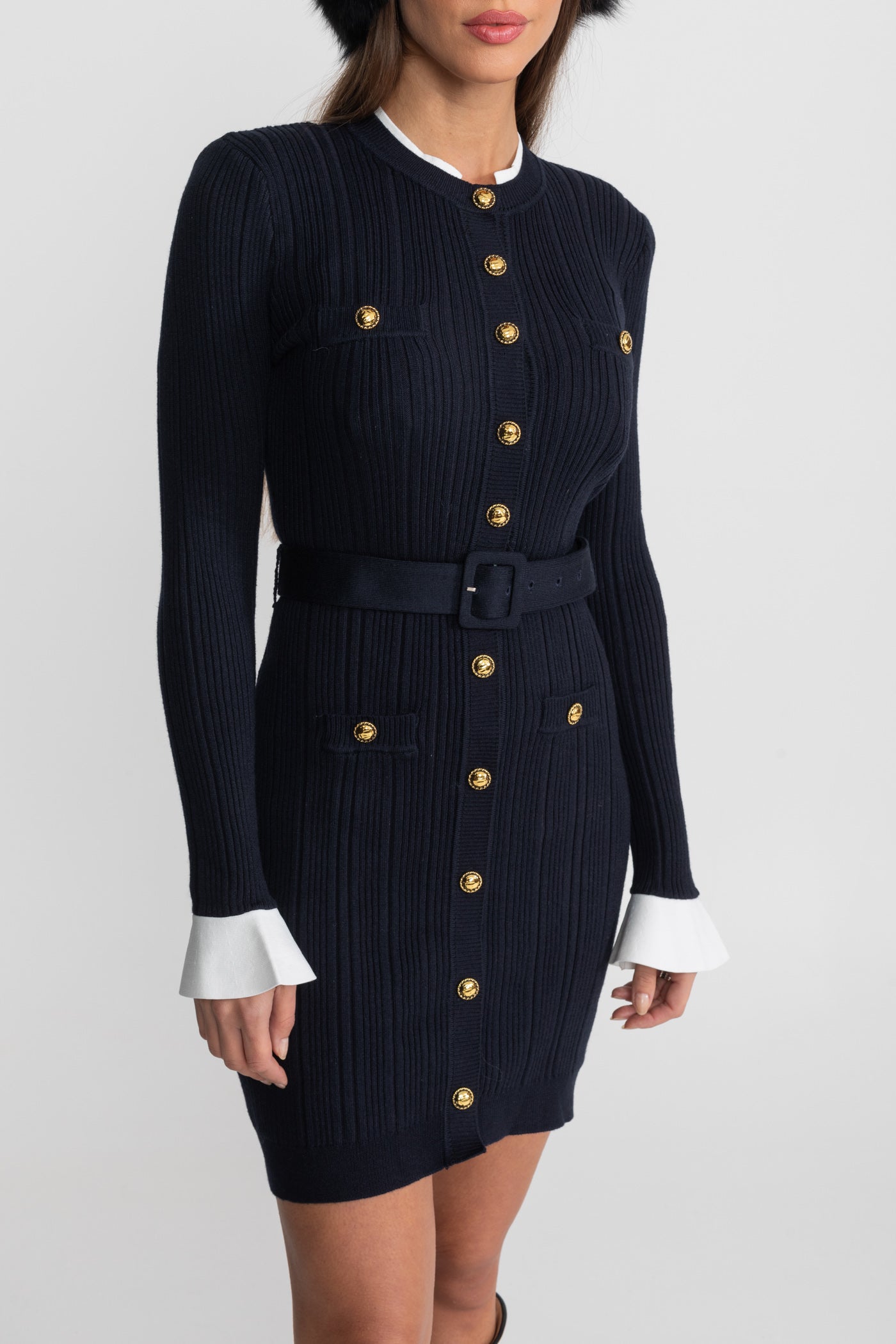 Ribbed Knit Mini Dress with Gold Button Fastening - Dark Blue