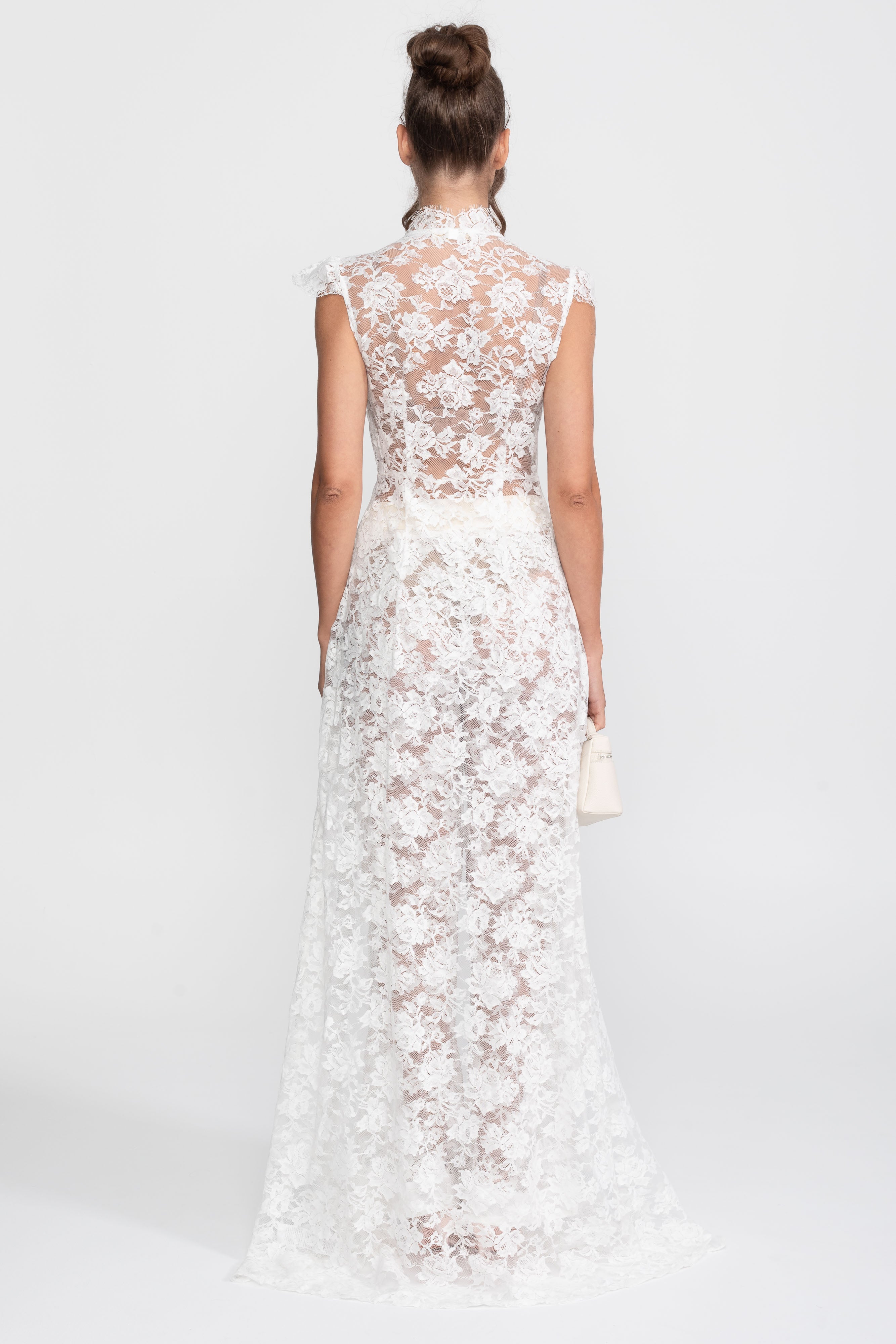 Sheer Lace Top And Palazzo Pants Set With Trailing Panel - White