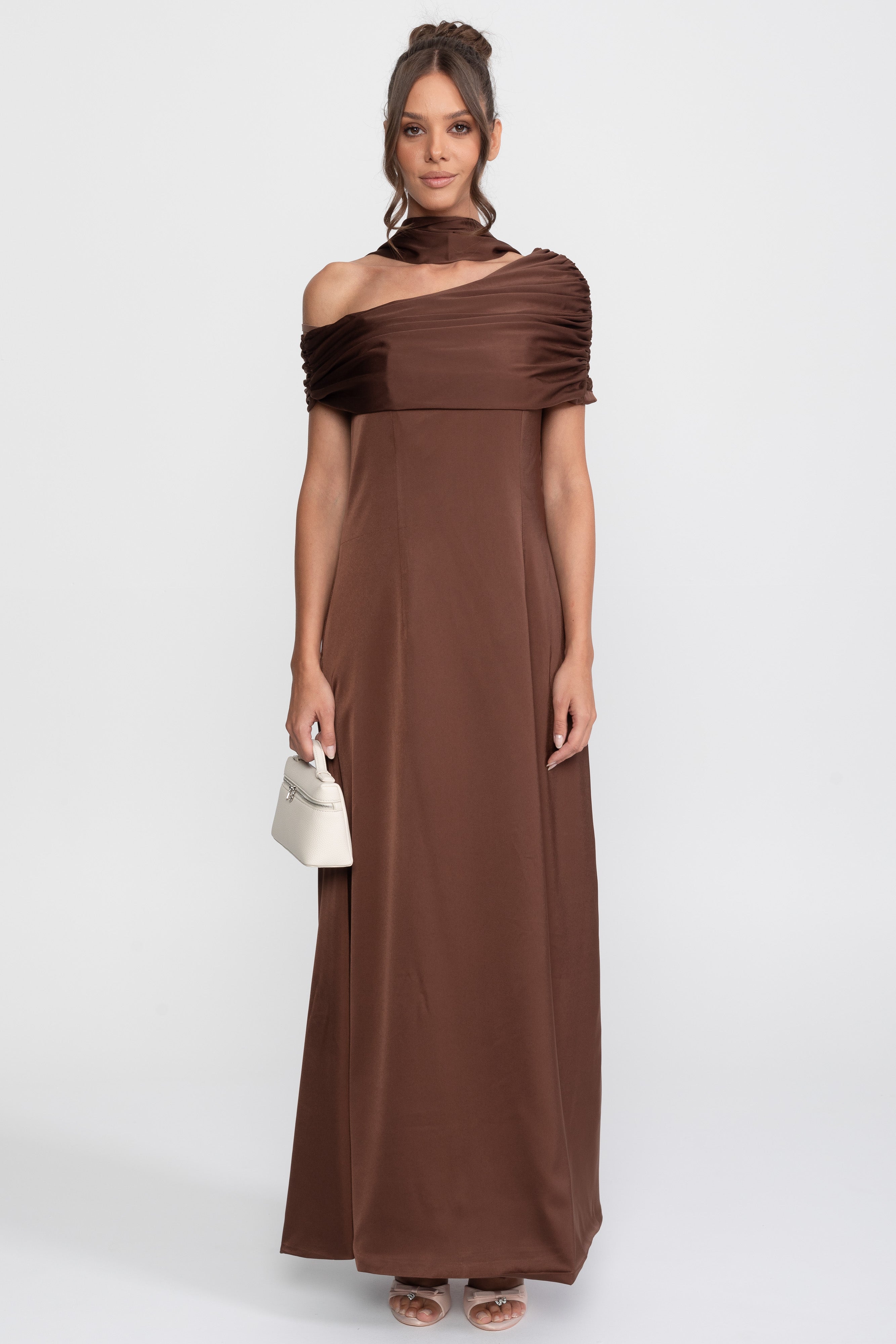 One-Shoulder drapiertes Satin-Abendkleid mit gerafftem Wickeldesign - Braun 
