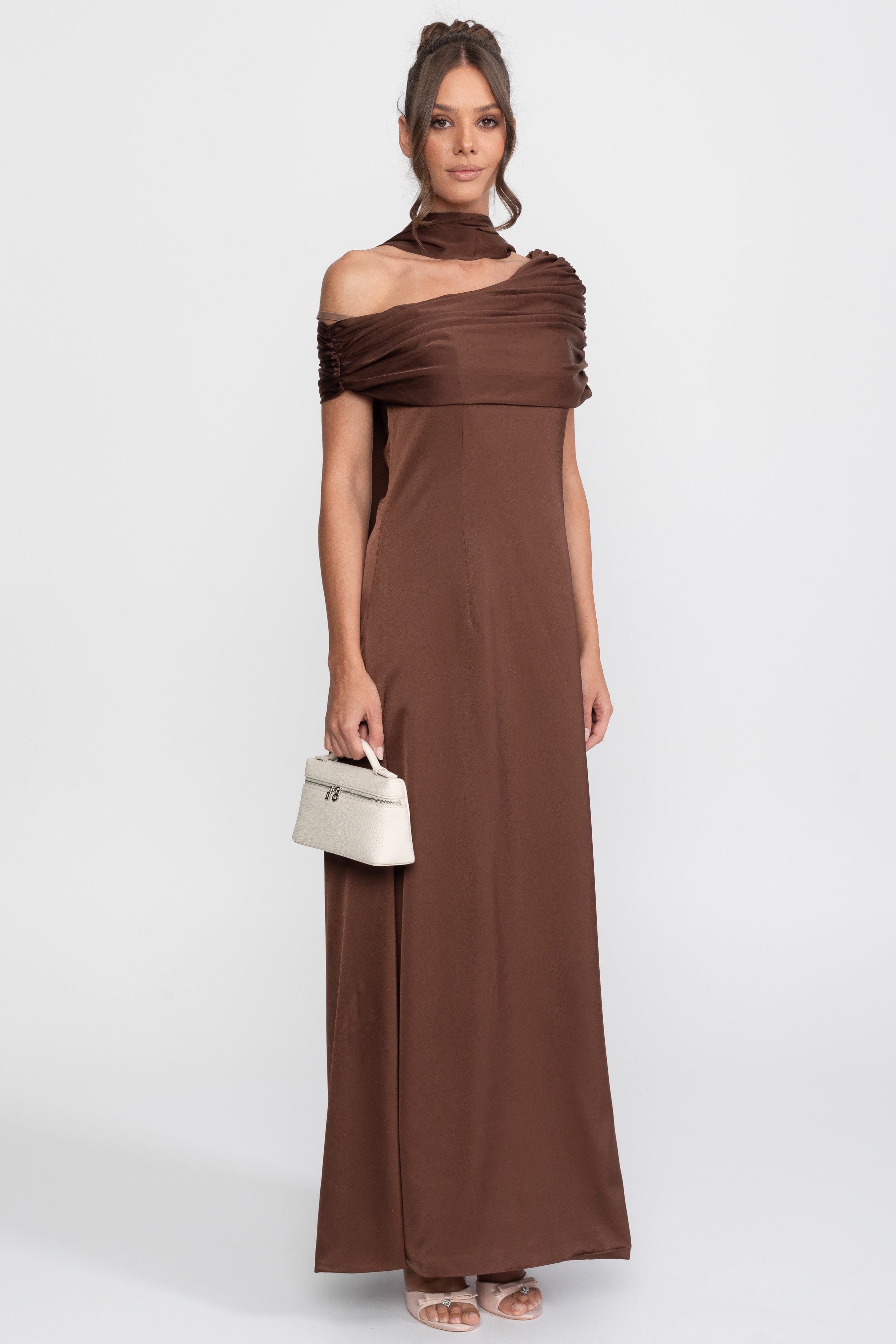 One-Shoulder drapiertes Satin-Abendkleid mit gerafftem Wickeldesign - Braun 