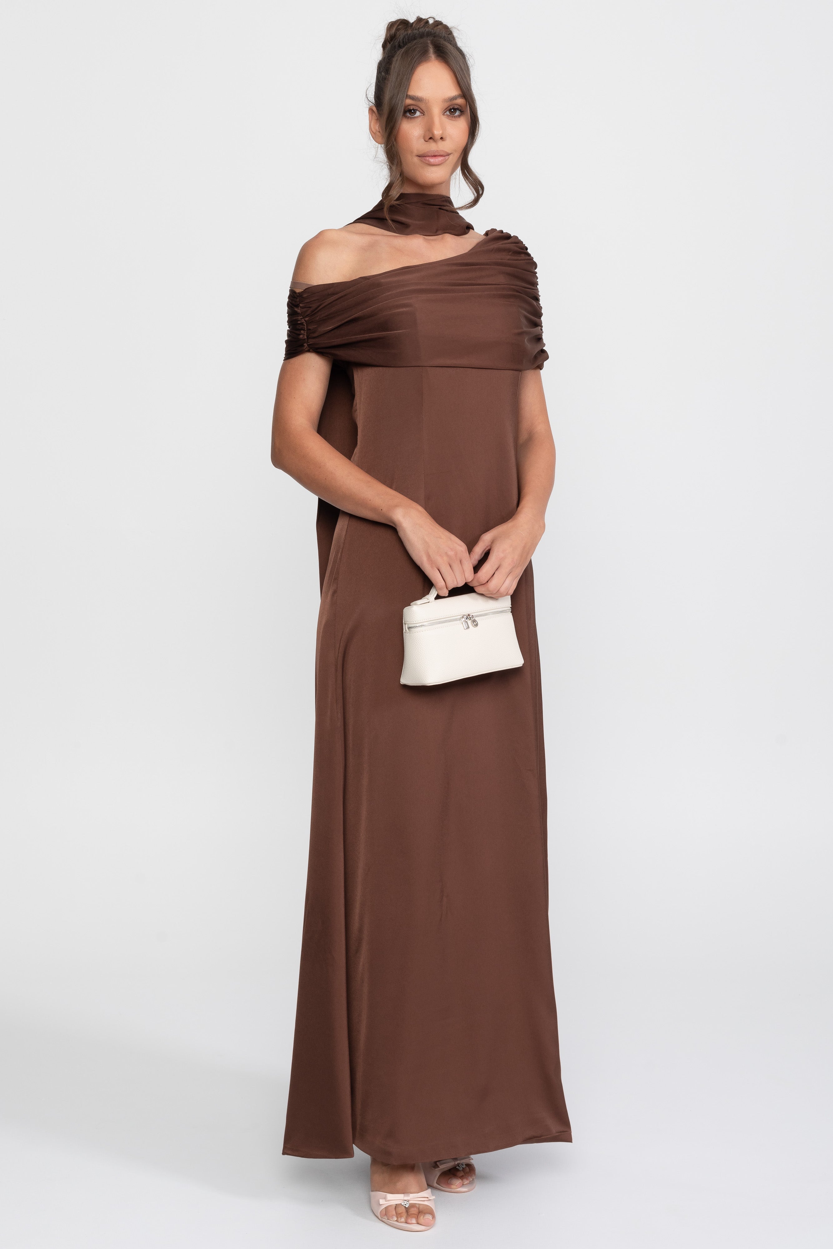 One-Shoulder drapiertes Satin-Abendkleid mit gerafftem Wickeldesign - Braun 