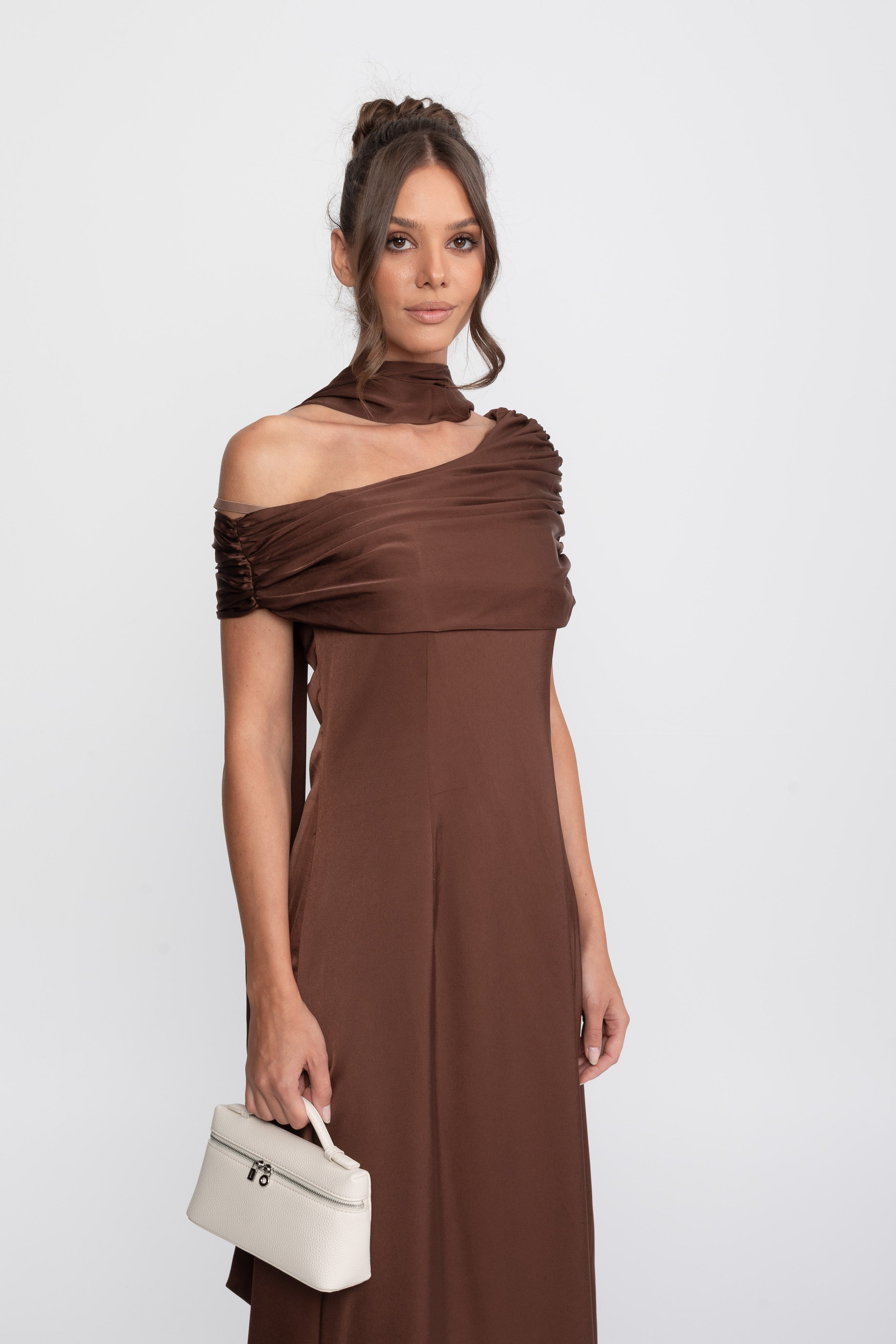 One-Shoulder drapiertes Satin-Abendkleid mit gerafftem Wickeldesign - Braun 
