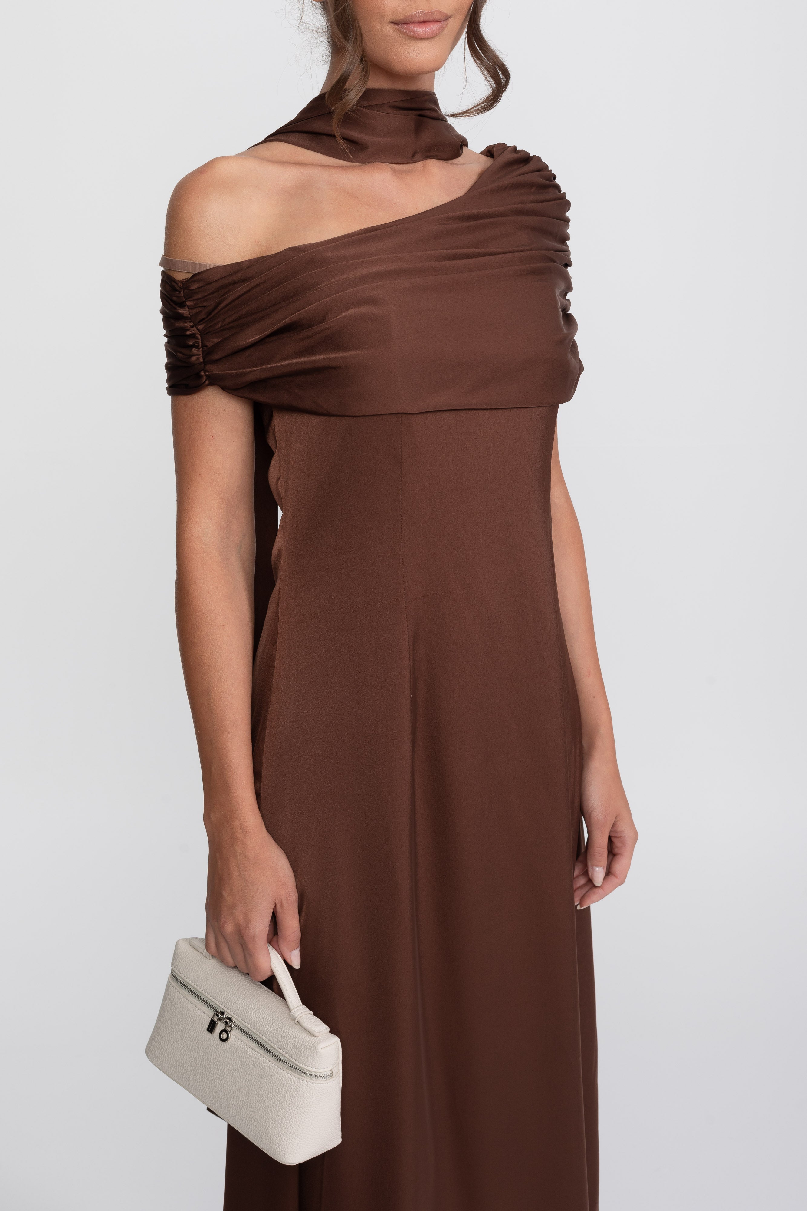 One-Shoulder drapiertes Satin-Abendkleid mit gerafftem Wickeldesign - Braun 