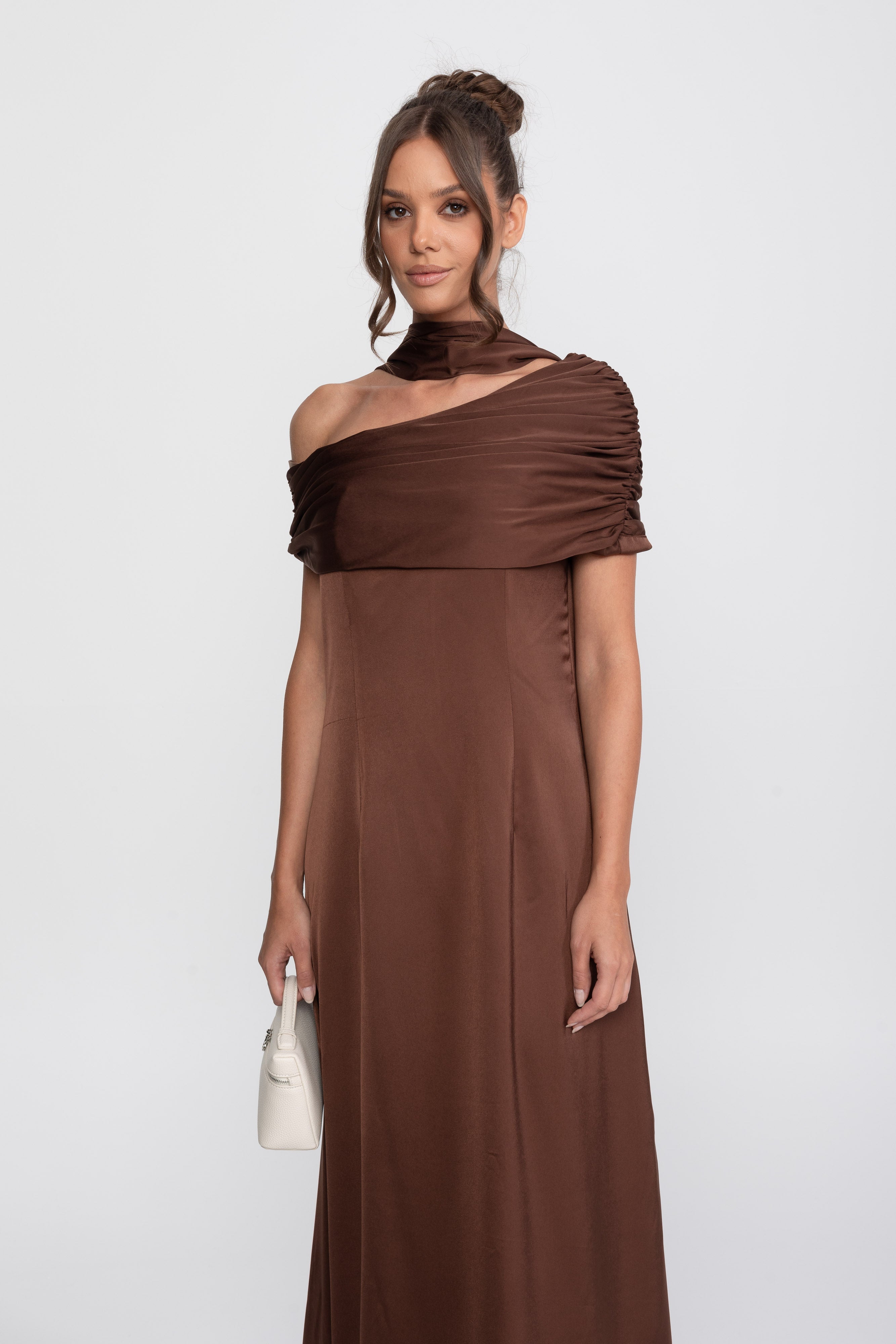 One-Shoulder drapiertes Satin-Abendkleid mit gerafftem Wickeldesign - Braun 