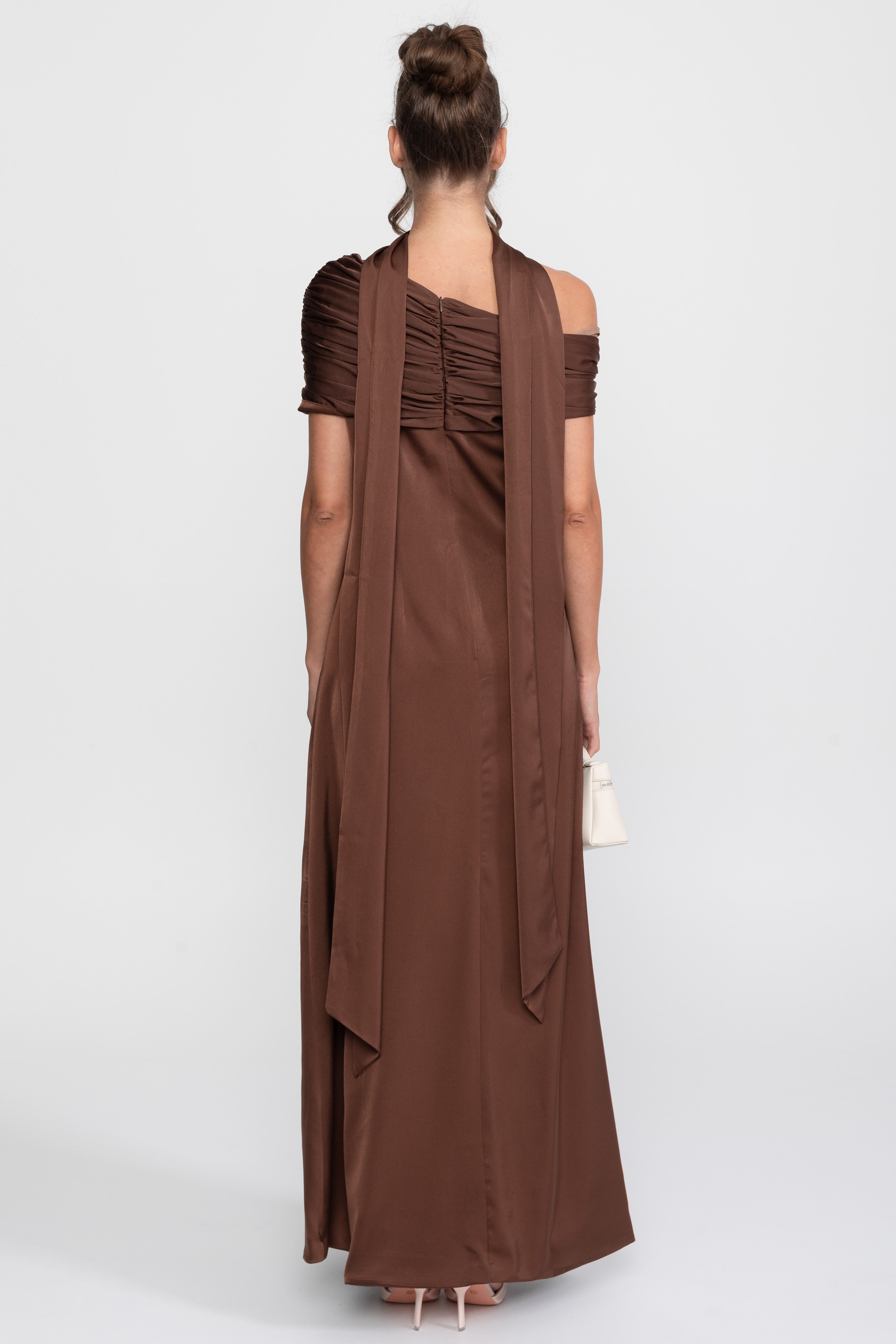 One-Shoulder drapiertes Satin-Abendkleid mit gerafftem Wickeldesign - Braun 