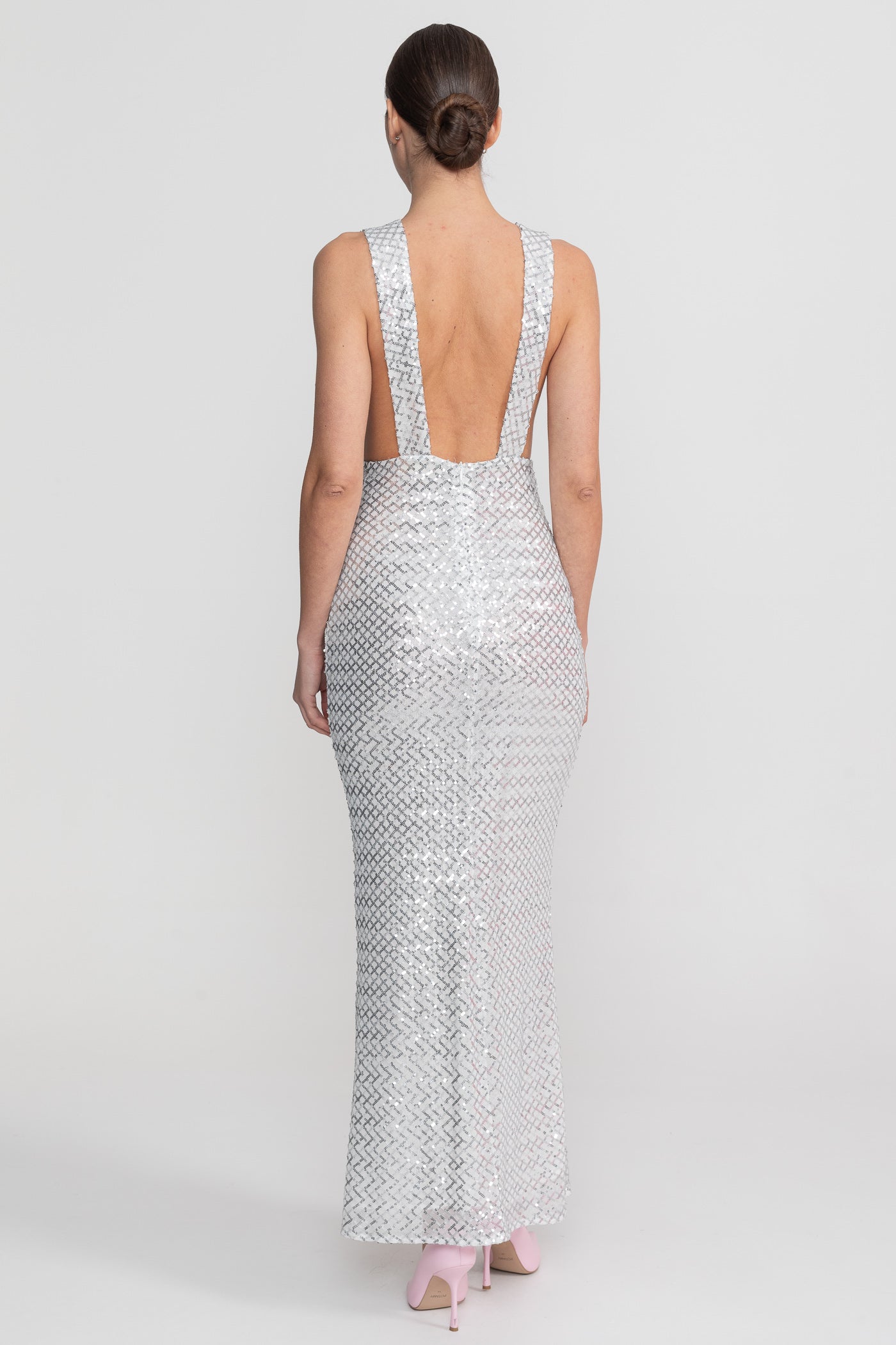 Pailletten-Maxikleid mit Satinschleifendetail – Hellgrau 