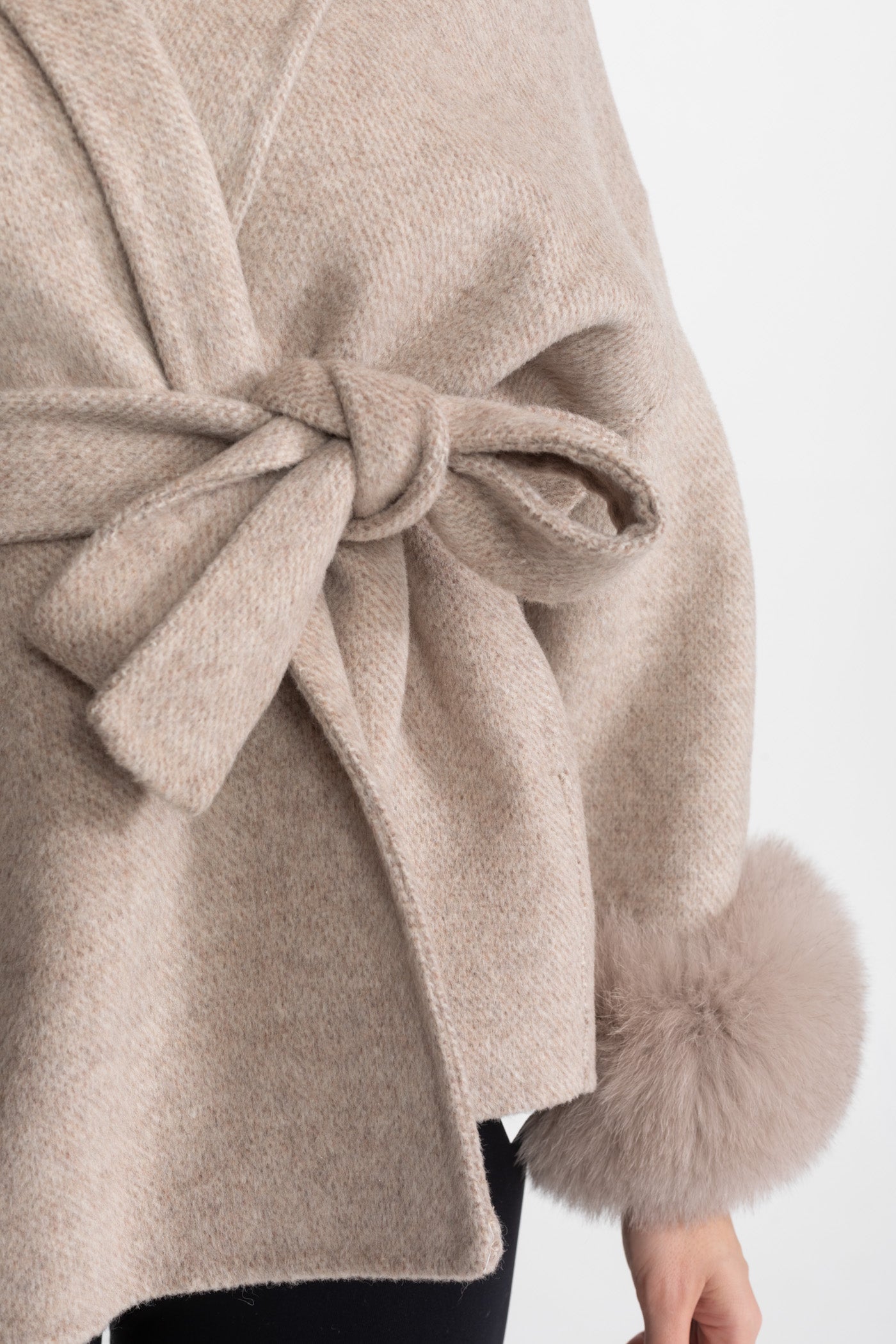 Wool Blend Wrap Jacket with Fox Fur Cuffs – Beige