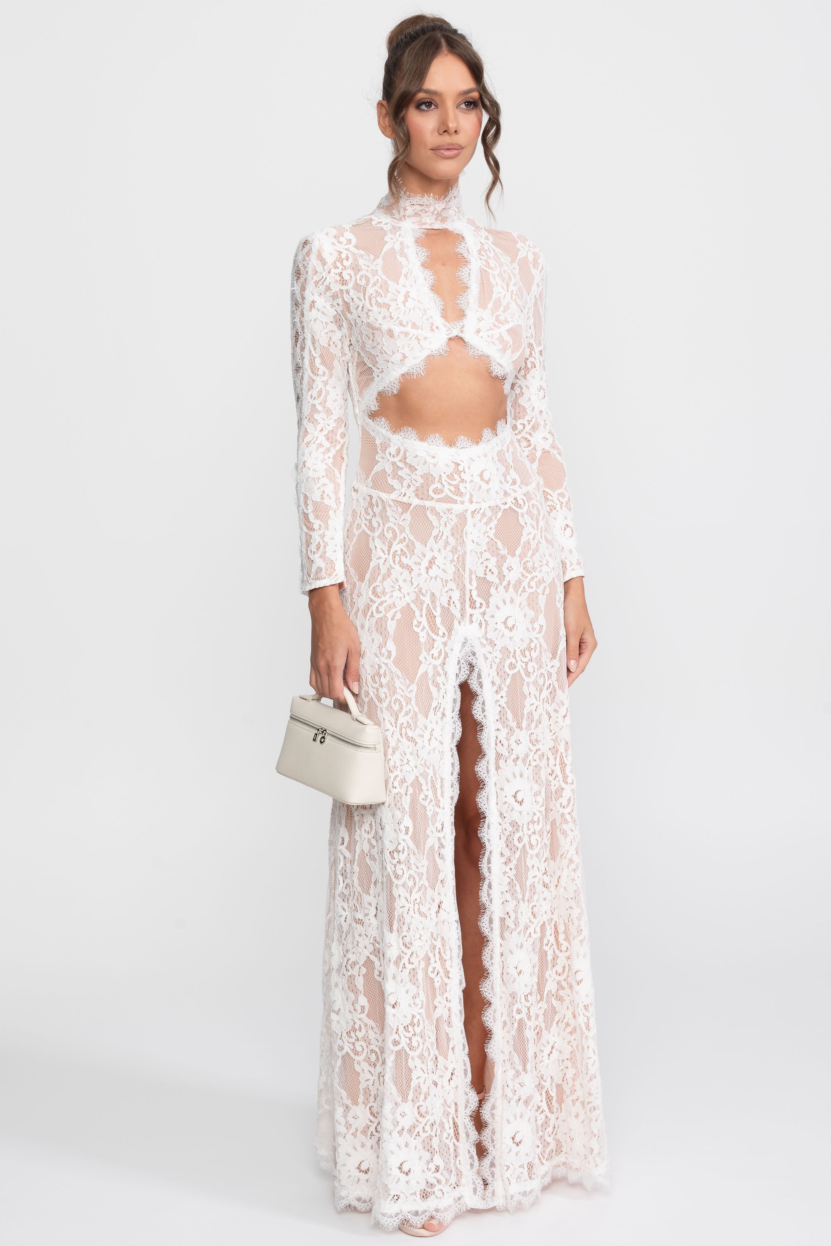 Elegantes Spitzenkleid mit hohem Kragen, Cut-out vorne und Schlitz - Weiß 