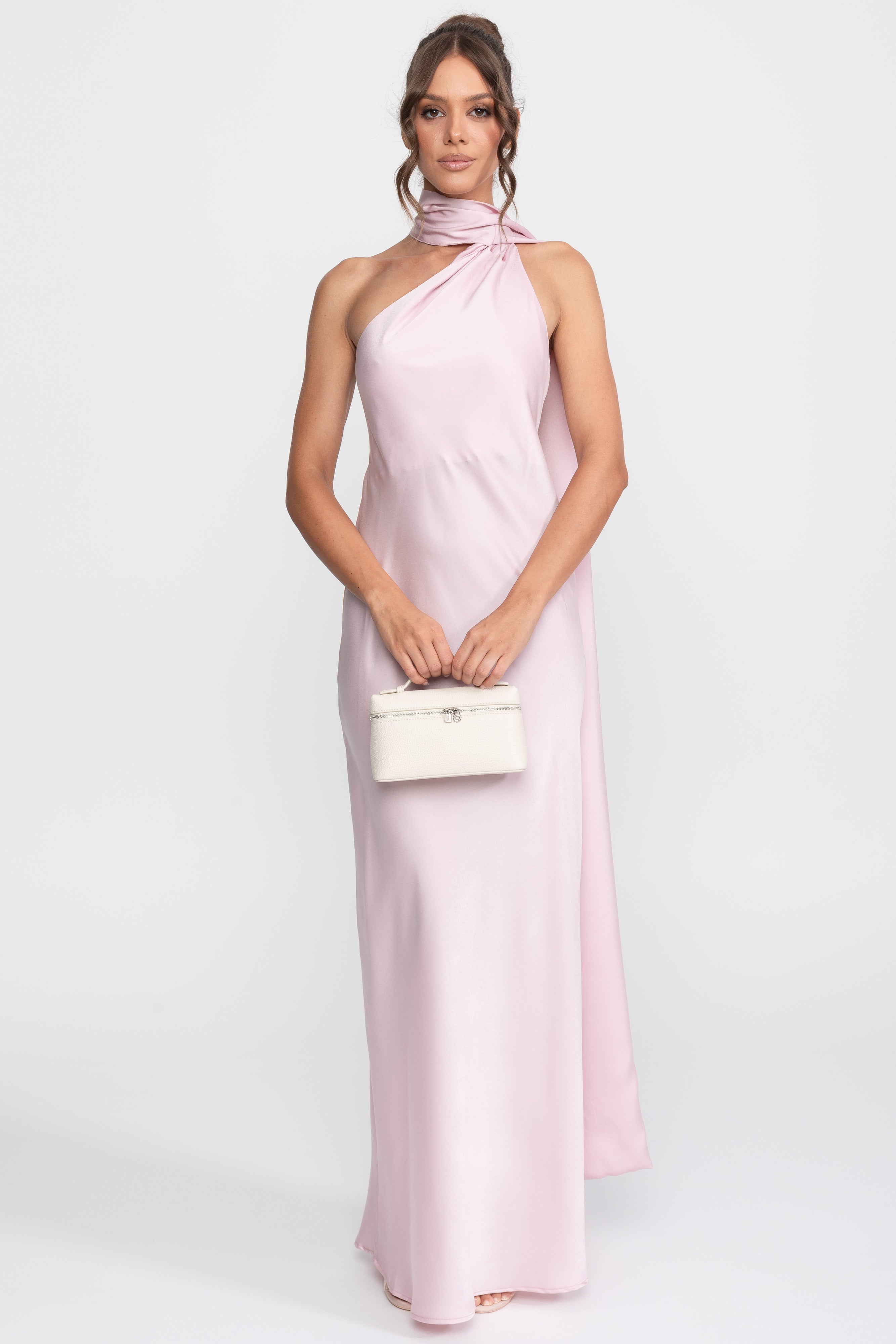 Twist-Halter-Satin-Slipkleid mit asymmetrischem Ausschnitt - Pink 
