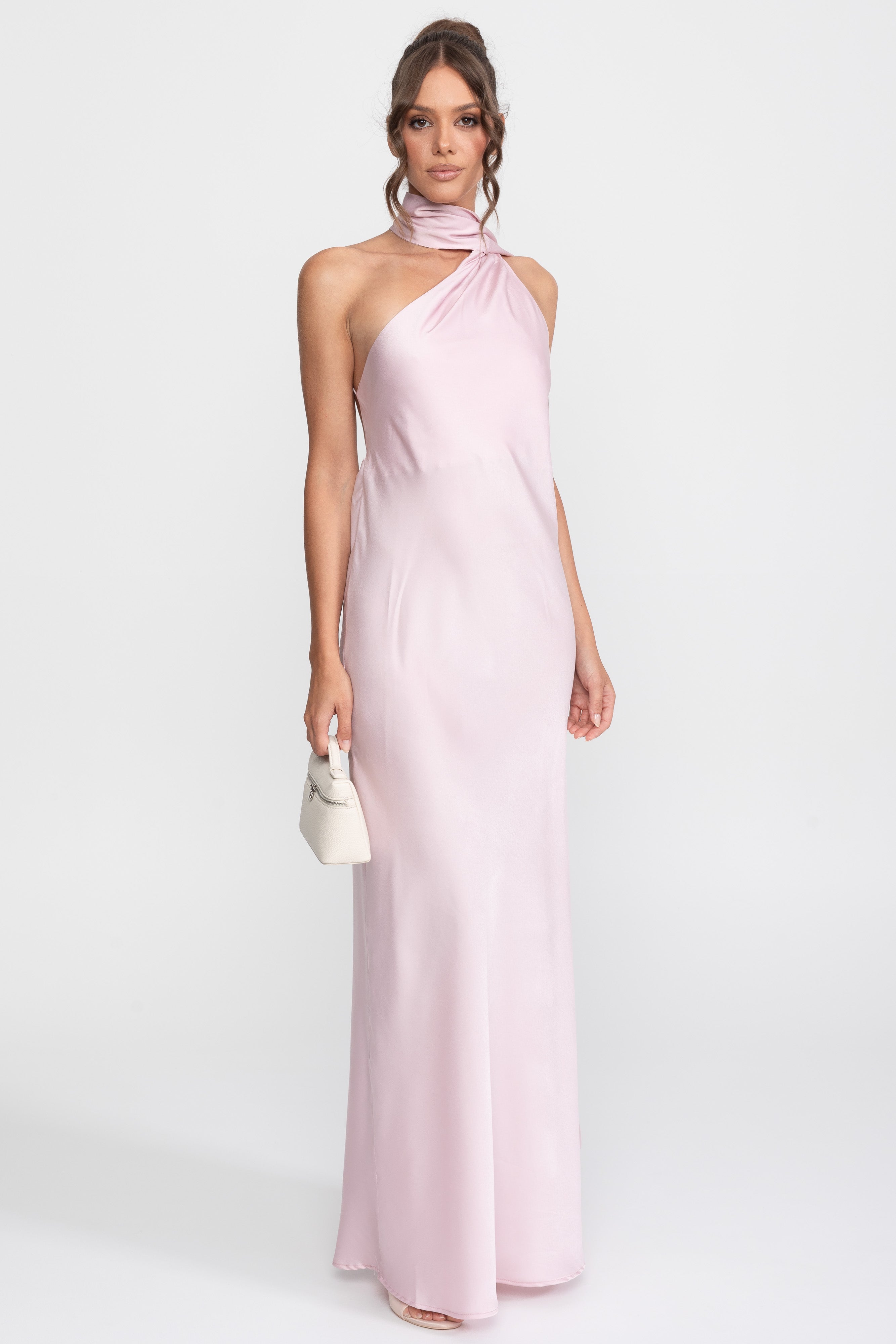 Twist-Halter-Satin-Slipkleid mit asymmetrischem Ausschnitt - Pink 