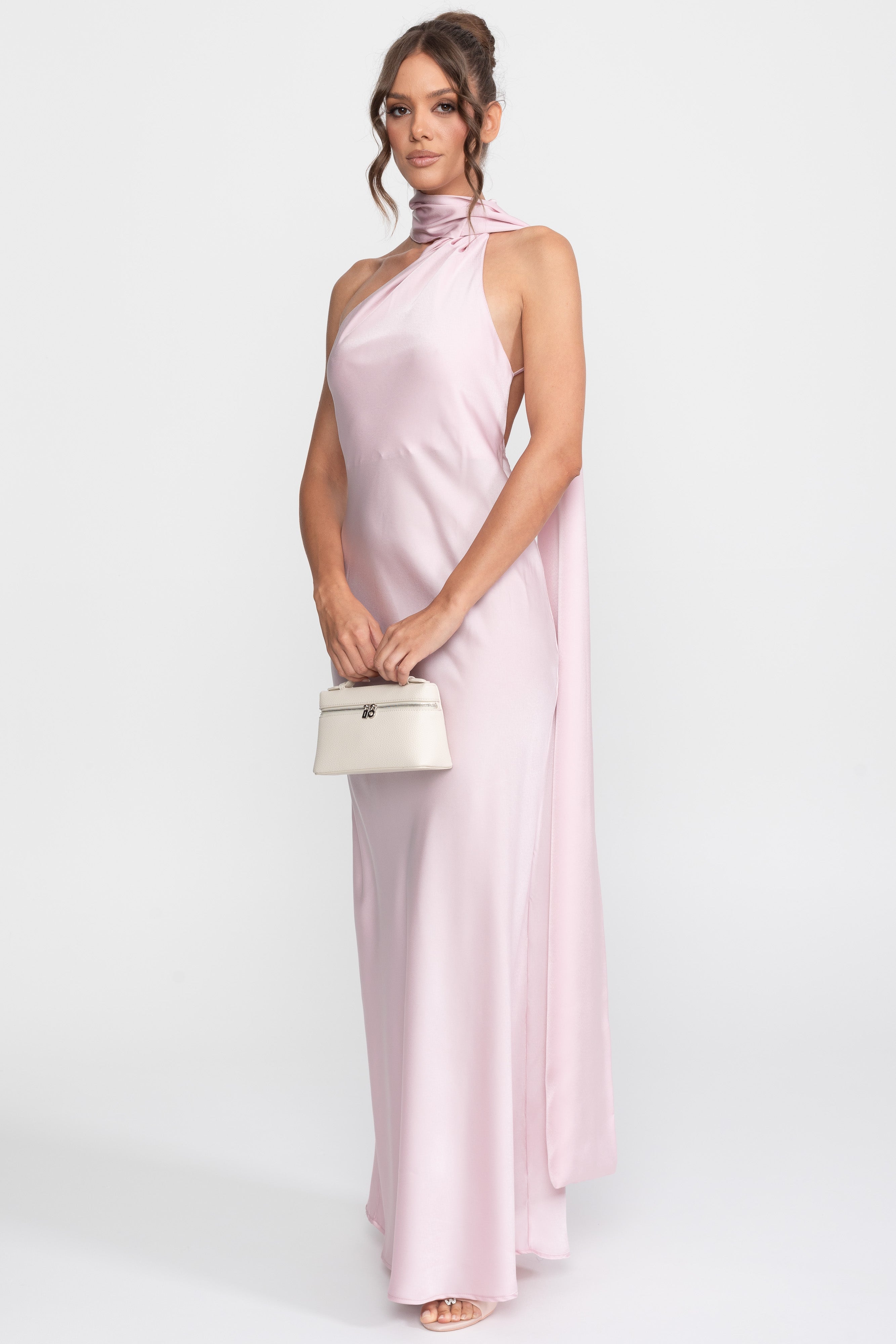 Twist-Halter-Satin-Slipkleid mit asymmetrischem Ausschnitt - Pink 