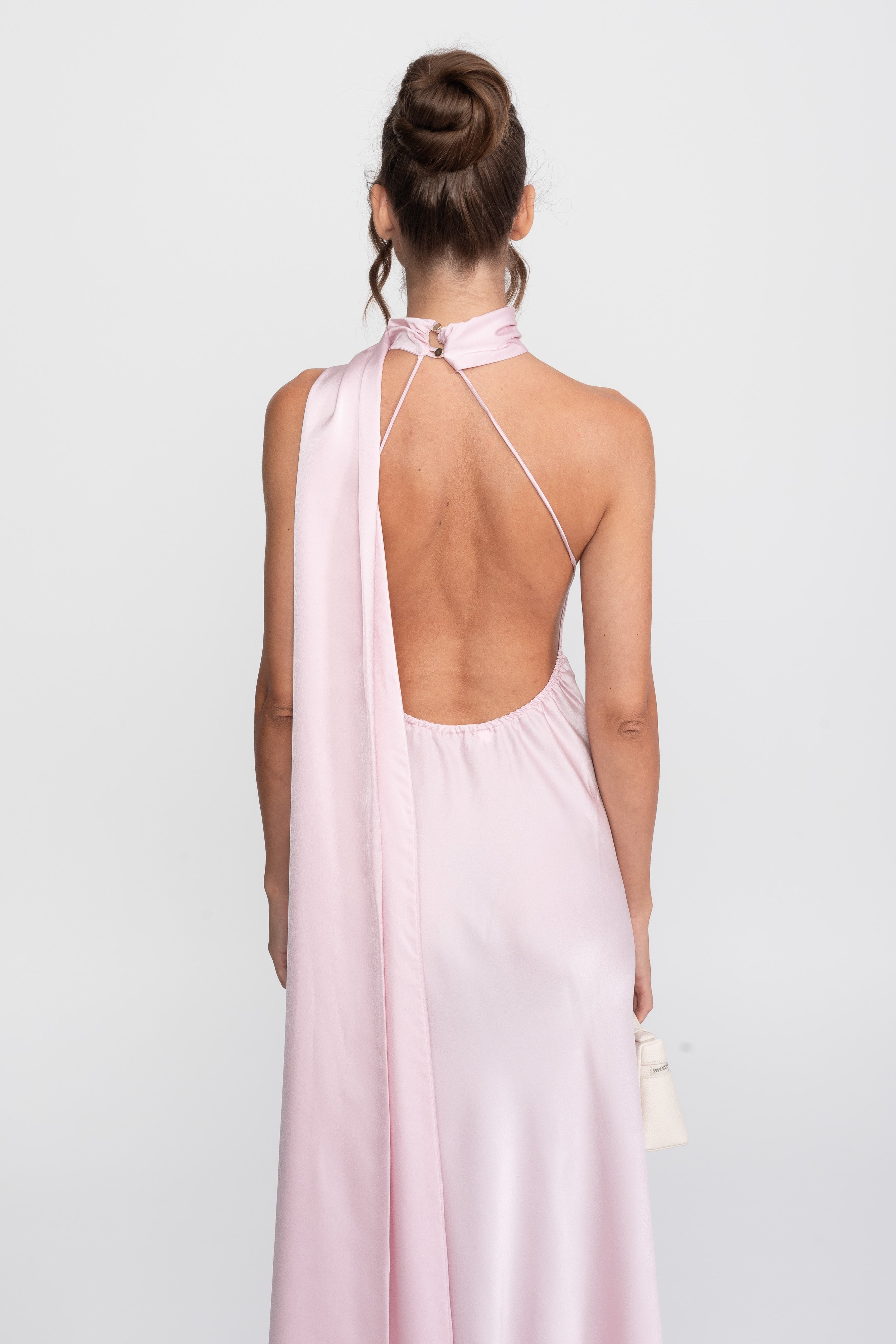 Twist-Halter-Satin-Slipkleid mit asymmetrischem Ausschnitt - Pink 