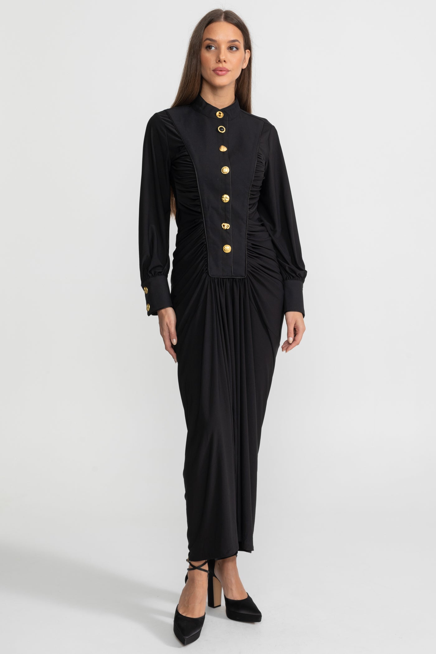 Draped Maxi Dress with Gold Statement Buttons - Black