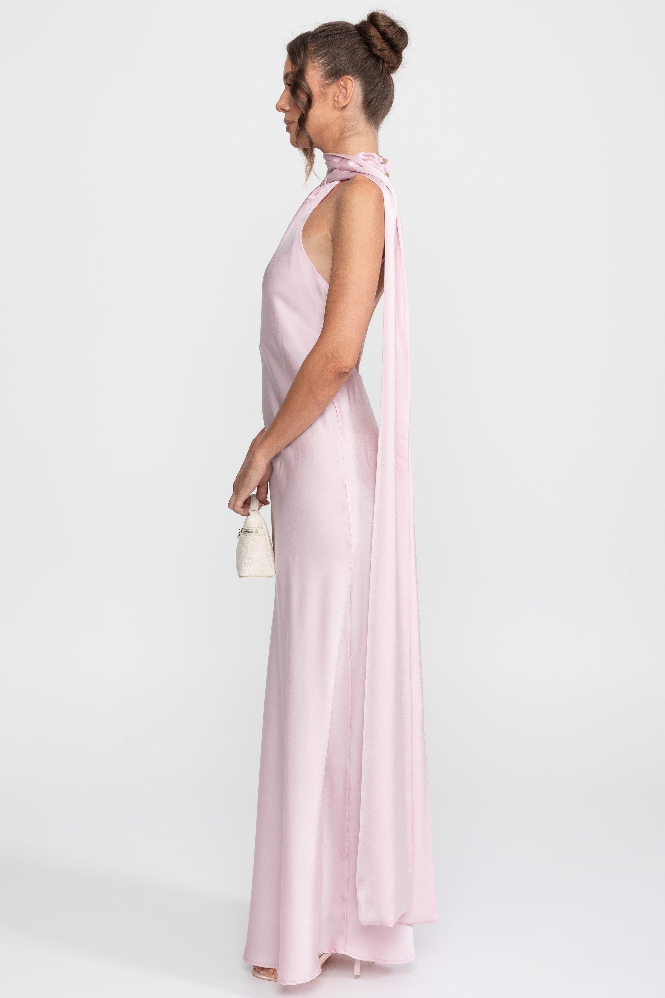 Twist-Halter-Satin-Slipkleid mit asymmetrischem Ausschnitt - Pink 