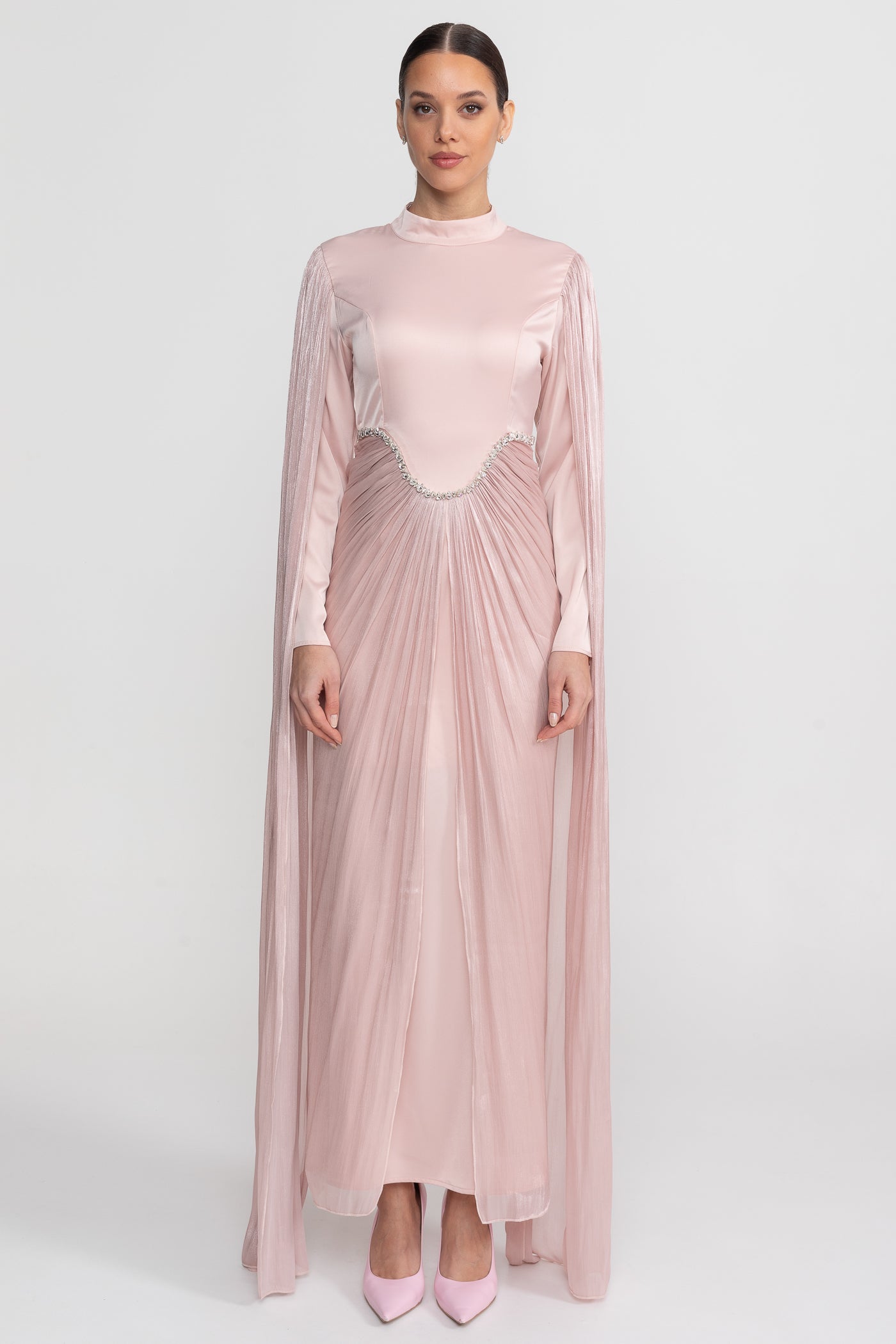 Long Sleeve Maxi Dress With Draped Overlay And Crystal Waist Trim - Blush Pink