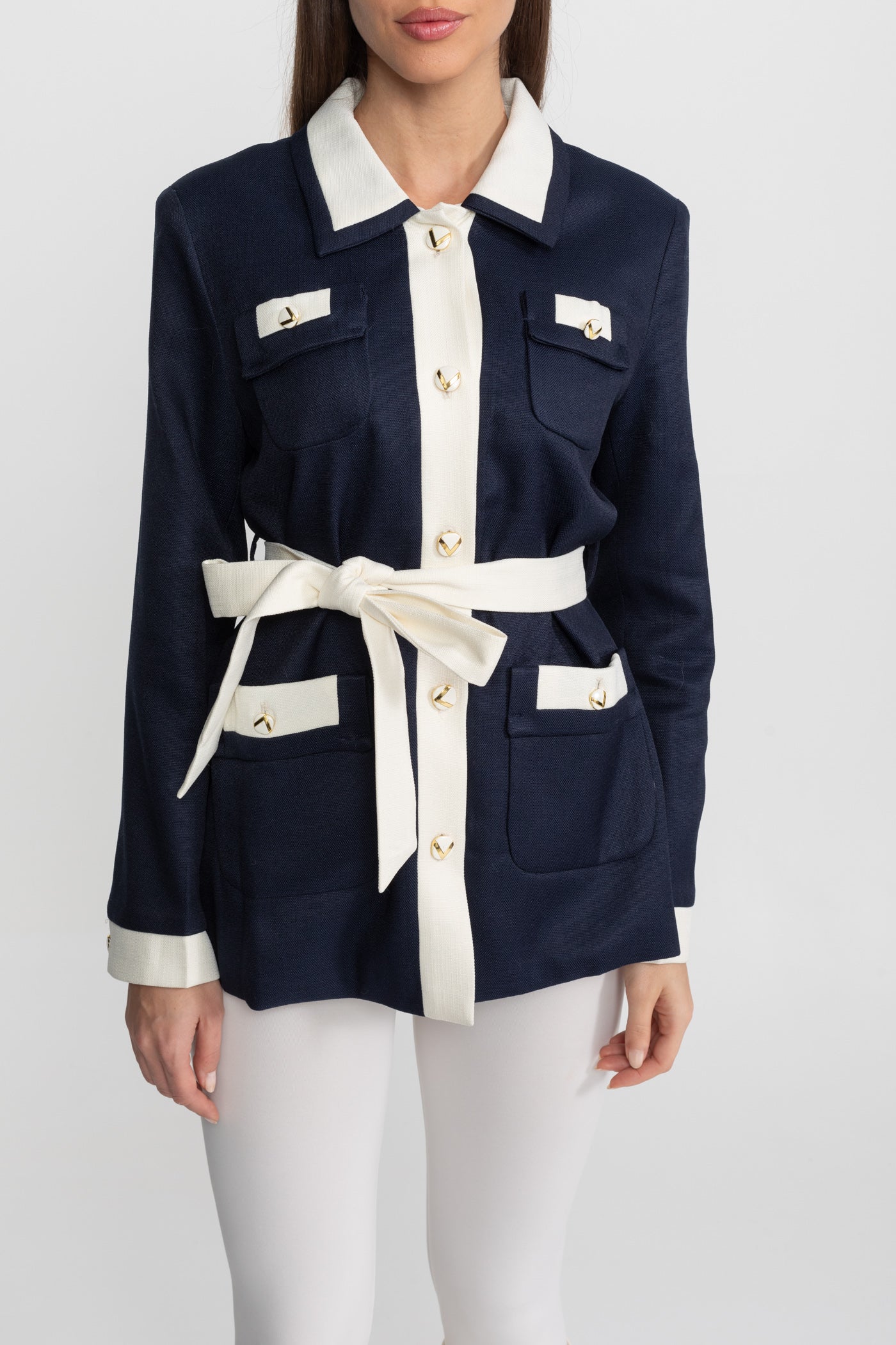 Two-Tone Tweed Jacket With Contrast Trim and Waist Belt – Navy