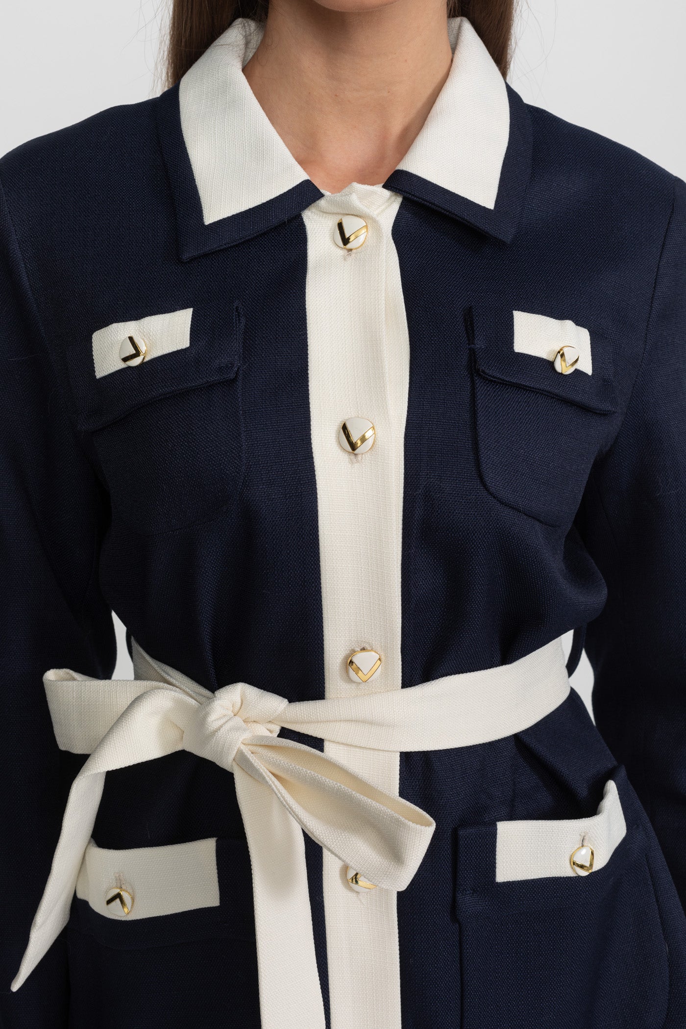 Two-Tone Tweed Jacket With Contrast Trim and Waist Belt – Navy