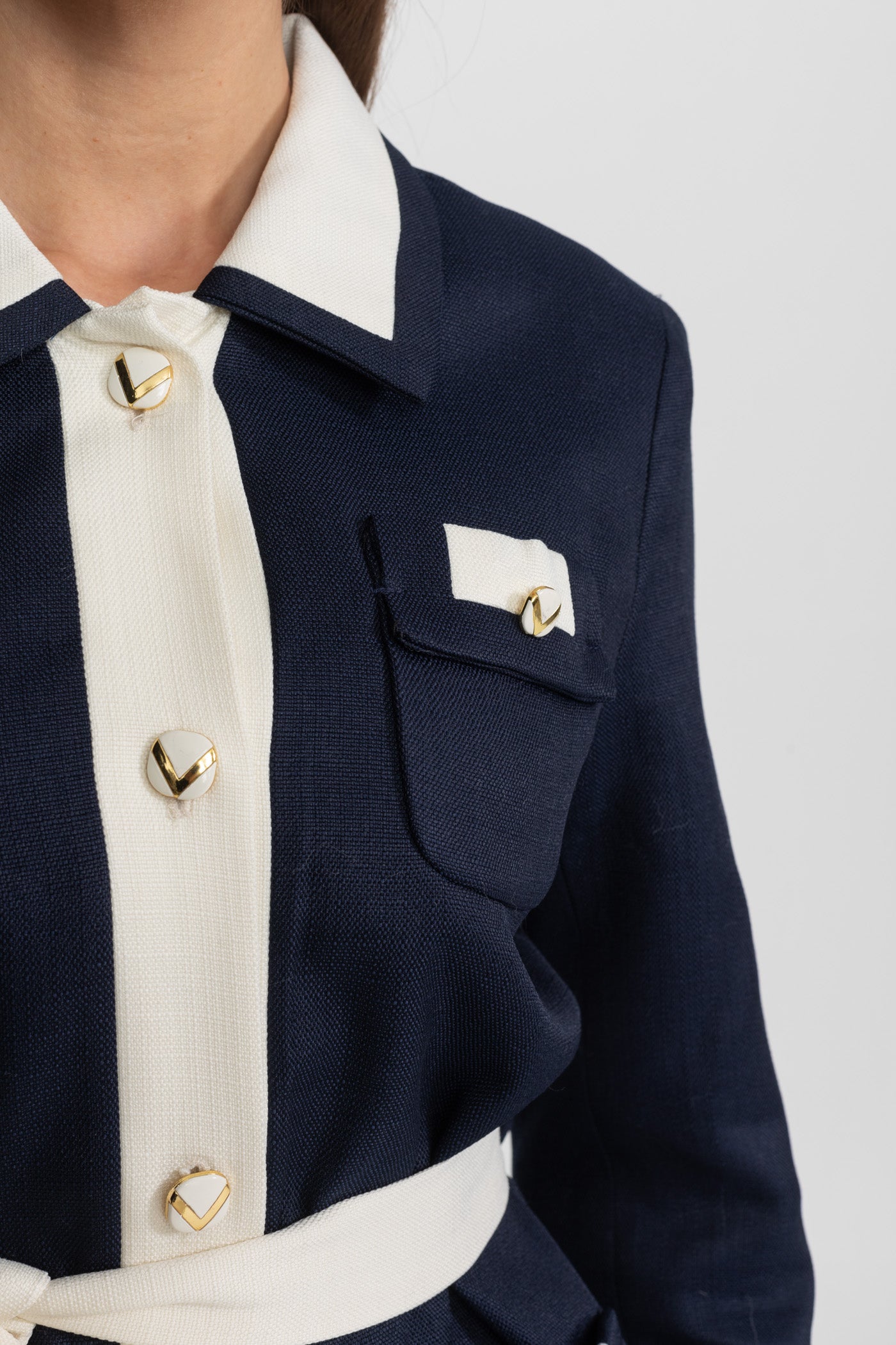 Two-Tone Tweed Jacket With Contrast Trim and Waist Belt – Navy