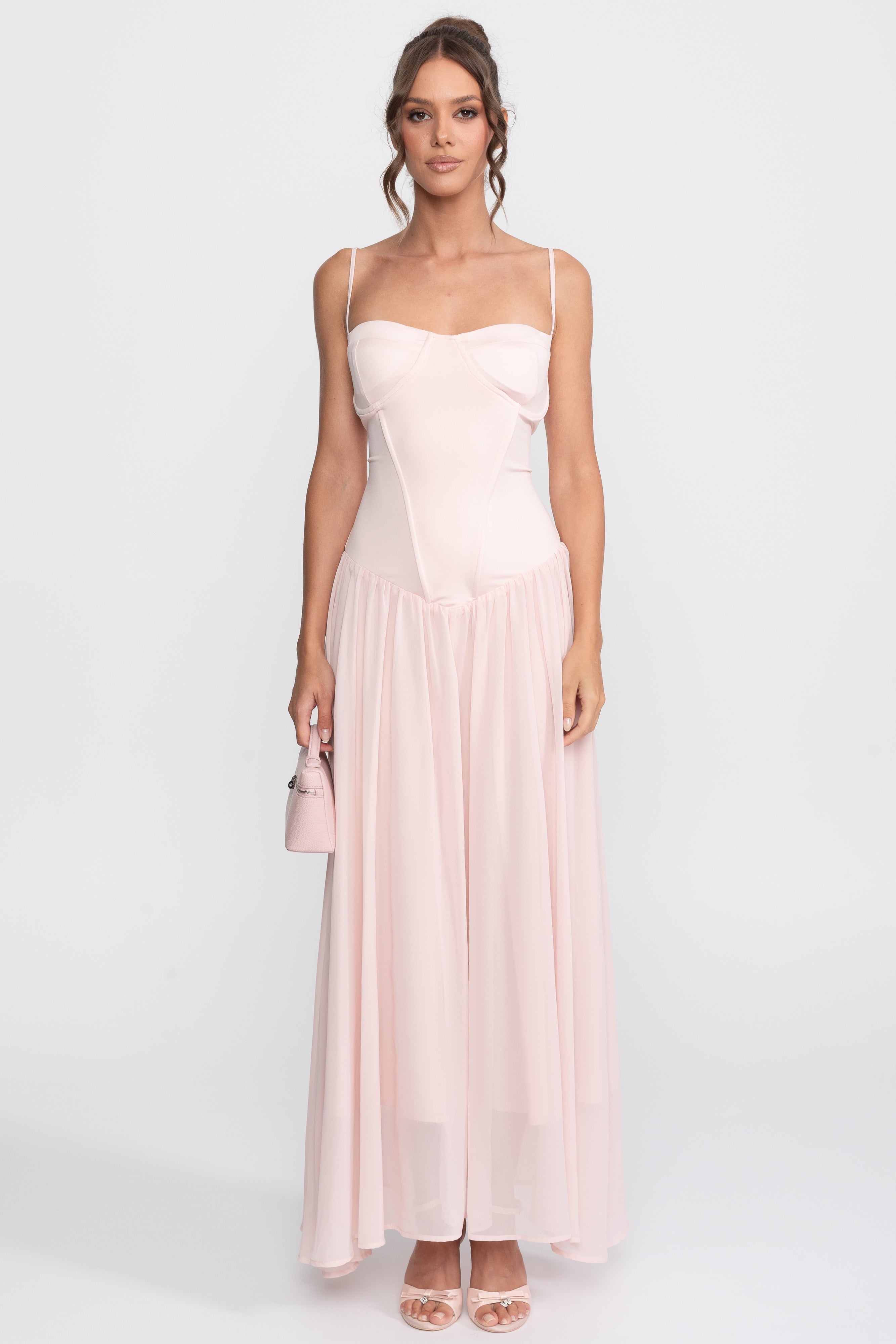 Chiffon-Abendkleid mit Korsett-Oberteil und tiefer Taille – Pink 