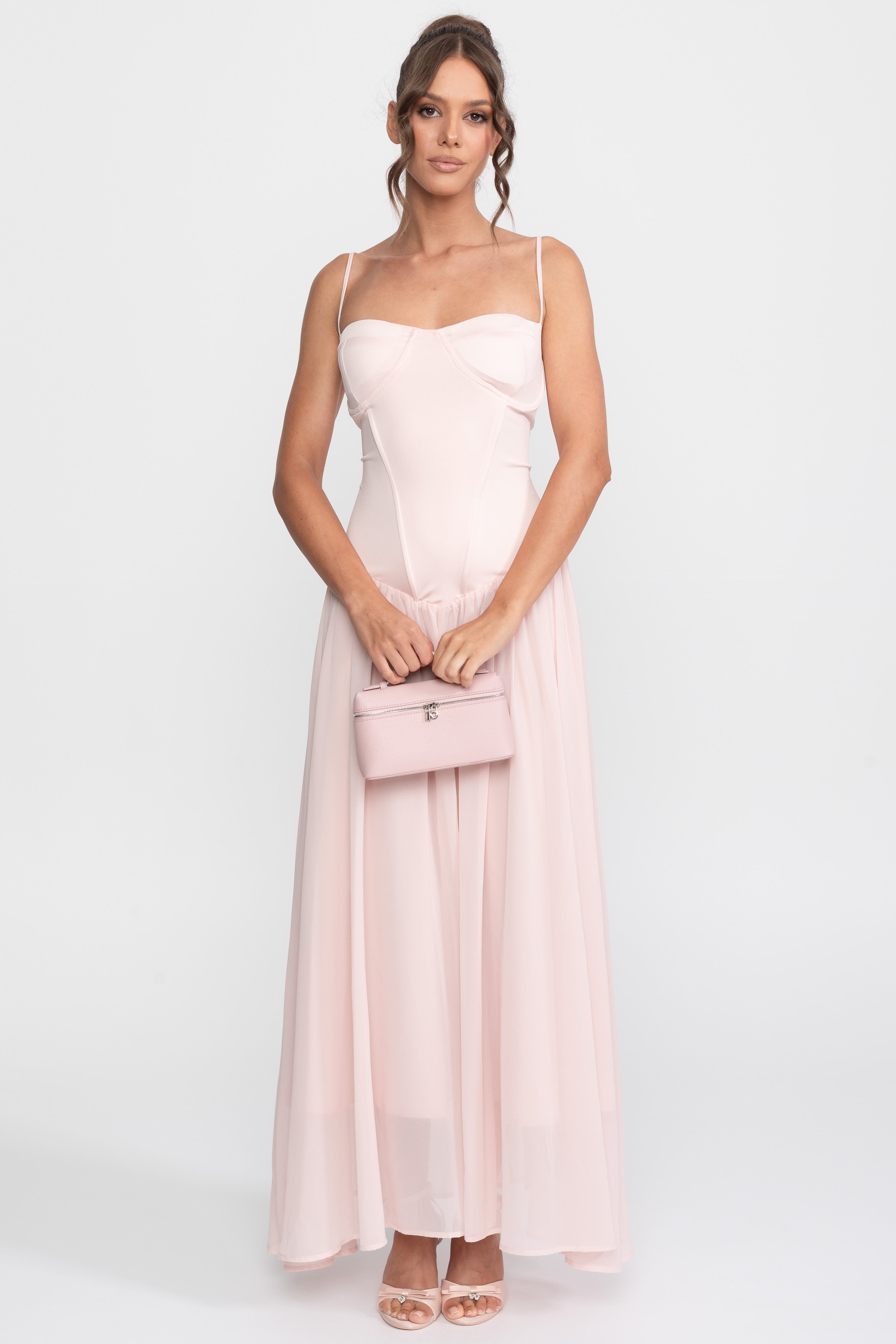 Chiffon-Abendkleid mit Korsett-Oberteil und tiefer Taille – Pink 