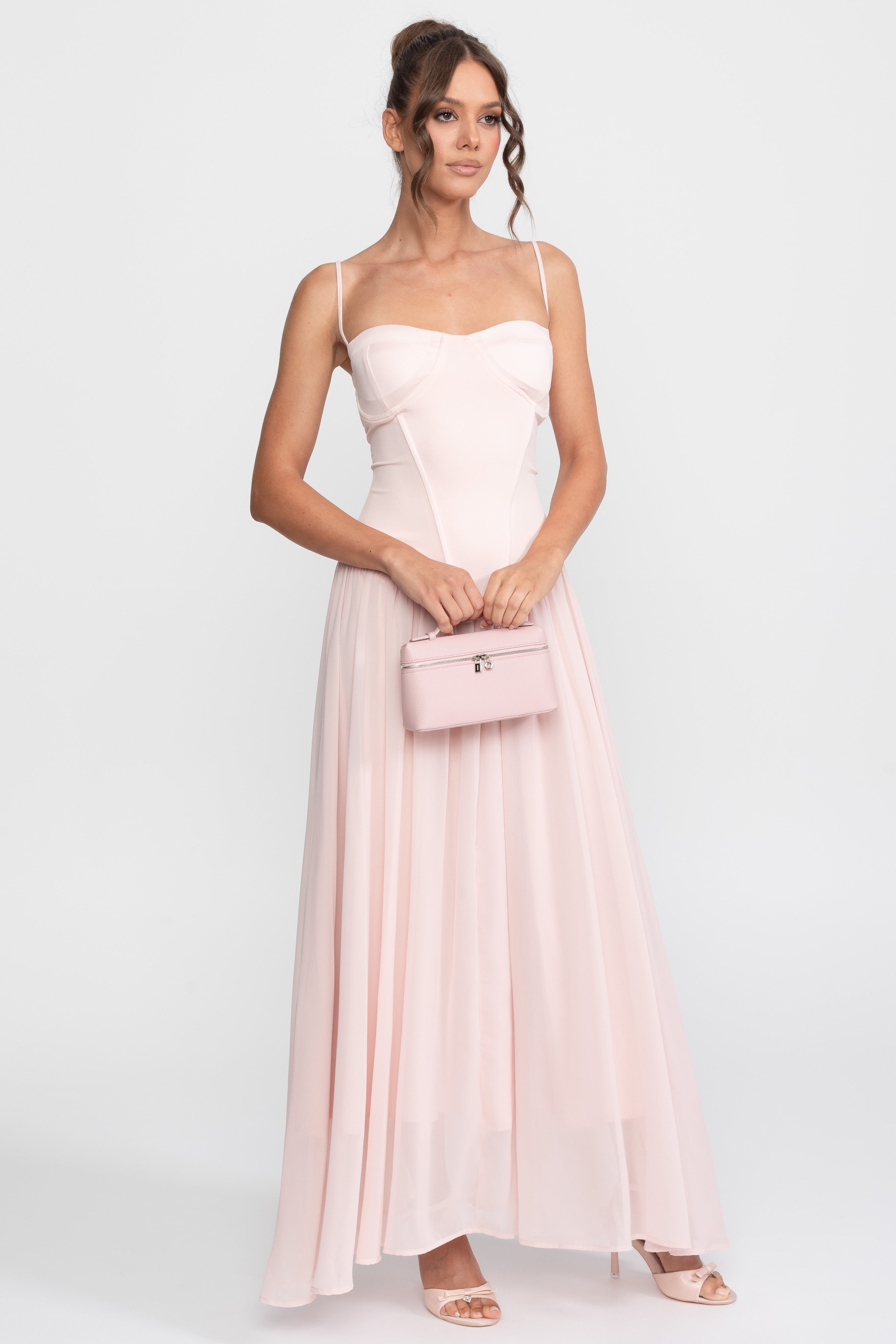 Chiffon-Abendkleid mit Korsett-Oberteil und tiefer Taille – Pink 