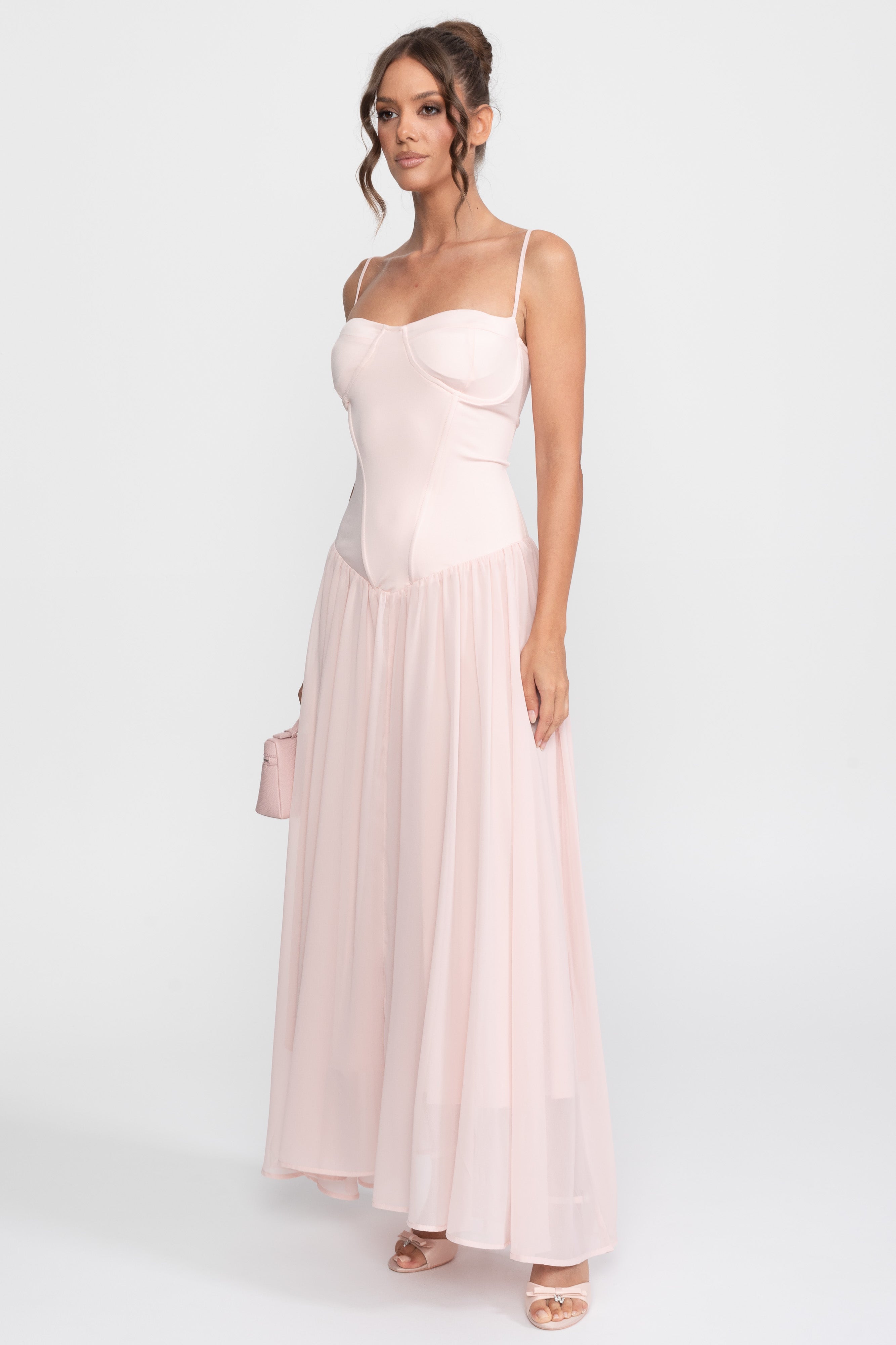 Chiffon-Abendkleid mit Korsett-Oberteil und tiefer Taille – Pink 