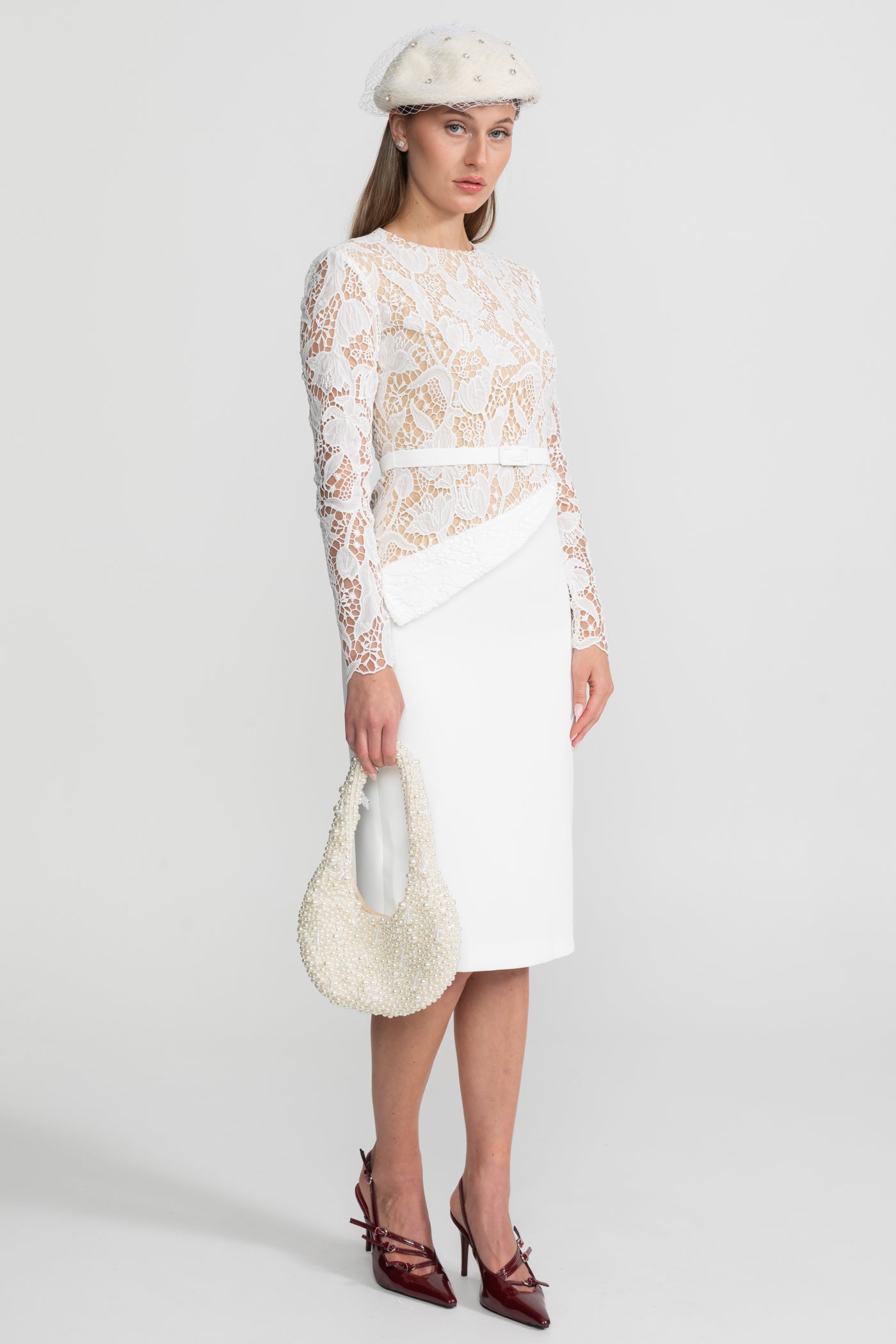 Elegant Midi Dress With Sheer Lace Bodice – White