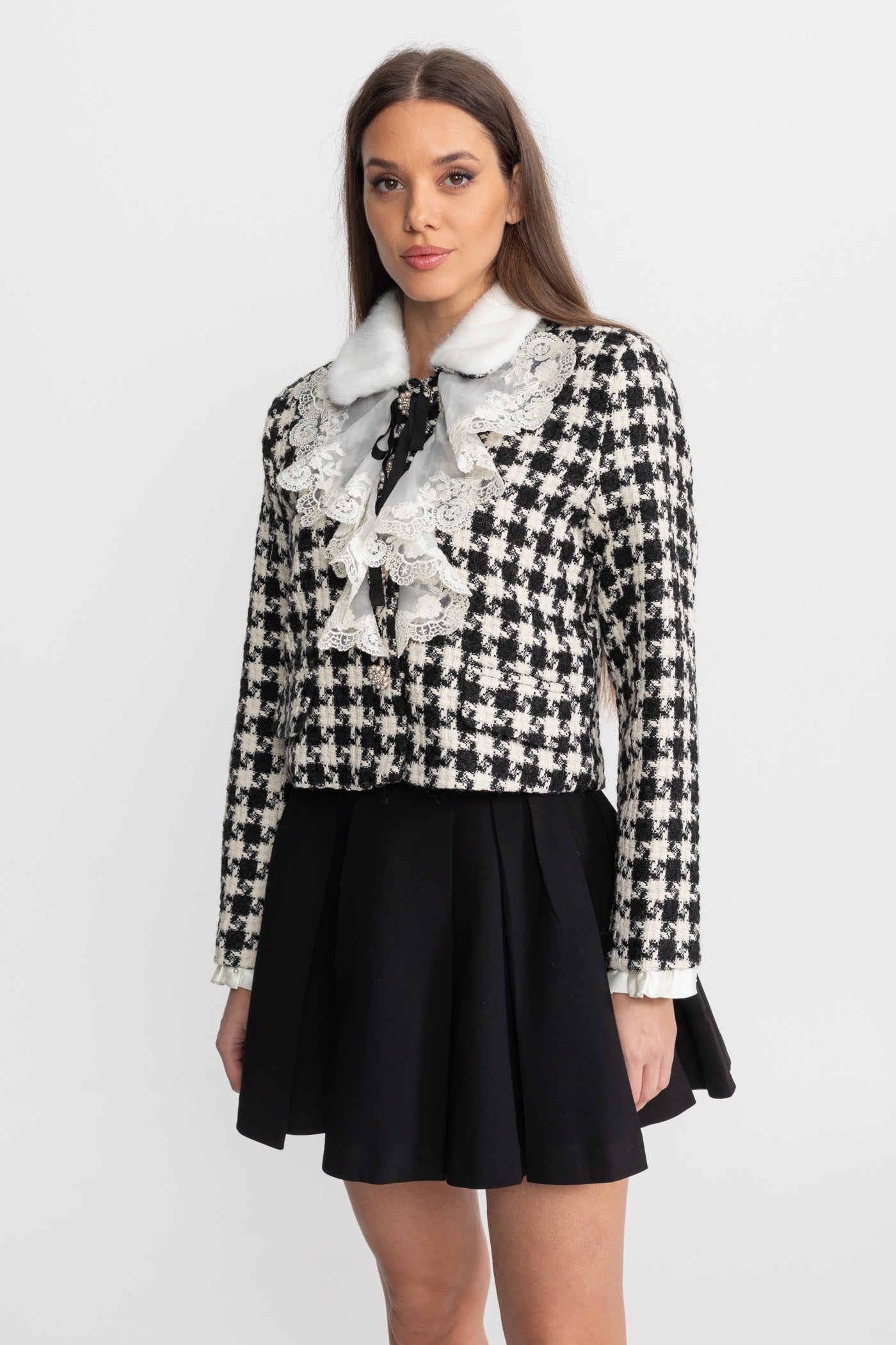 Tweed Cropped Jacket with Lace Ruffle and Mink Fur Collar – Black & White