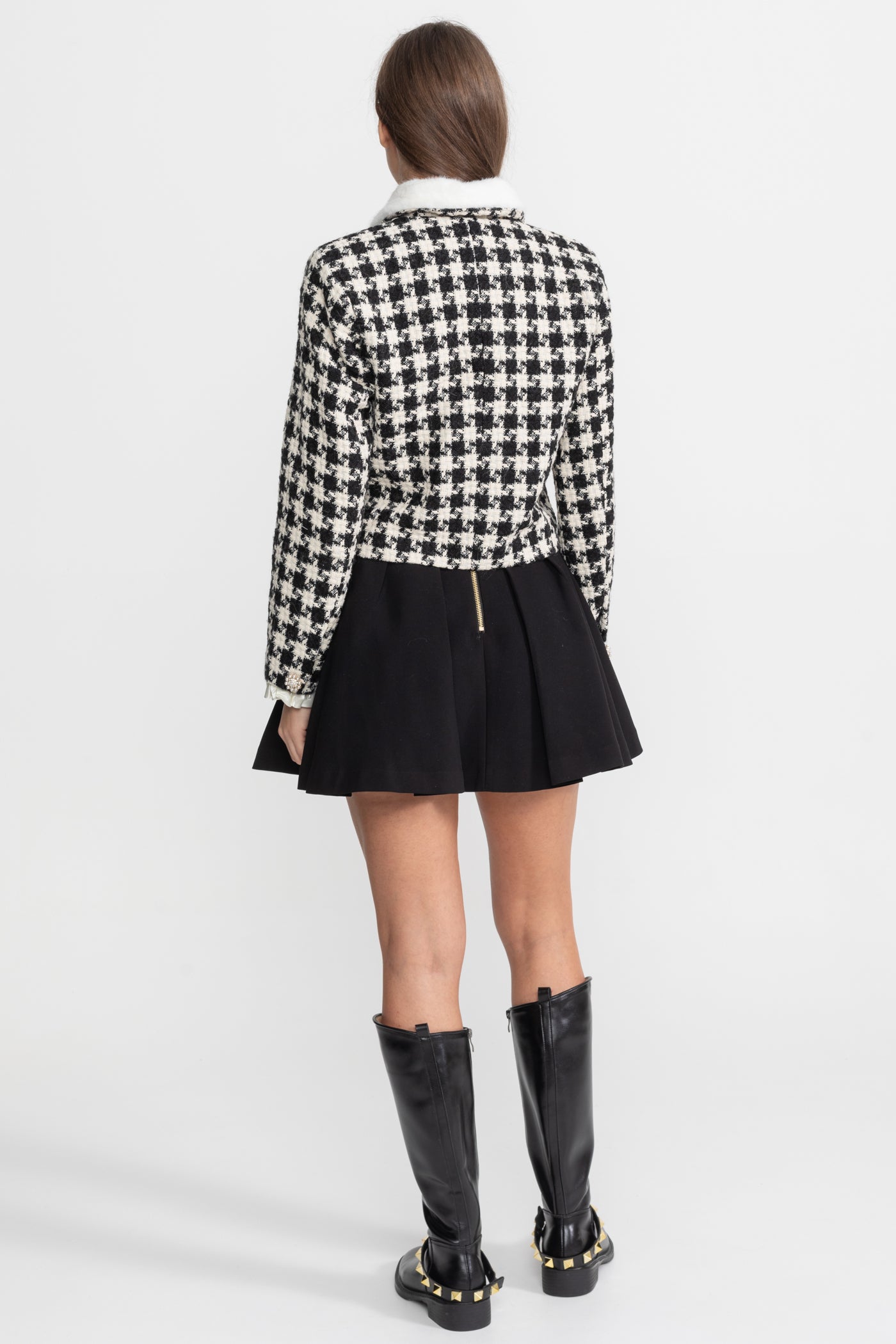 Tweed Cropped Jacket with Lace Ruffle and Mink Fur Collar – Black & White