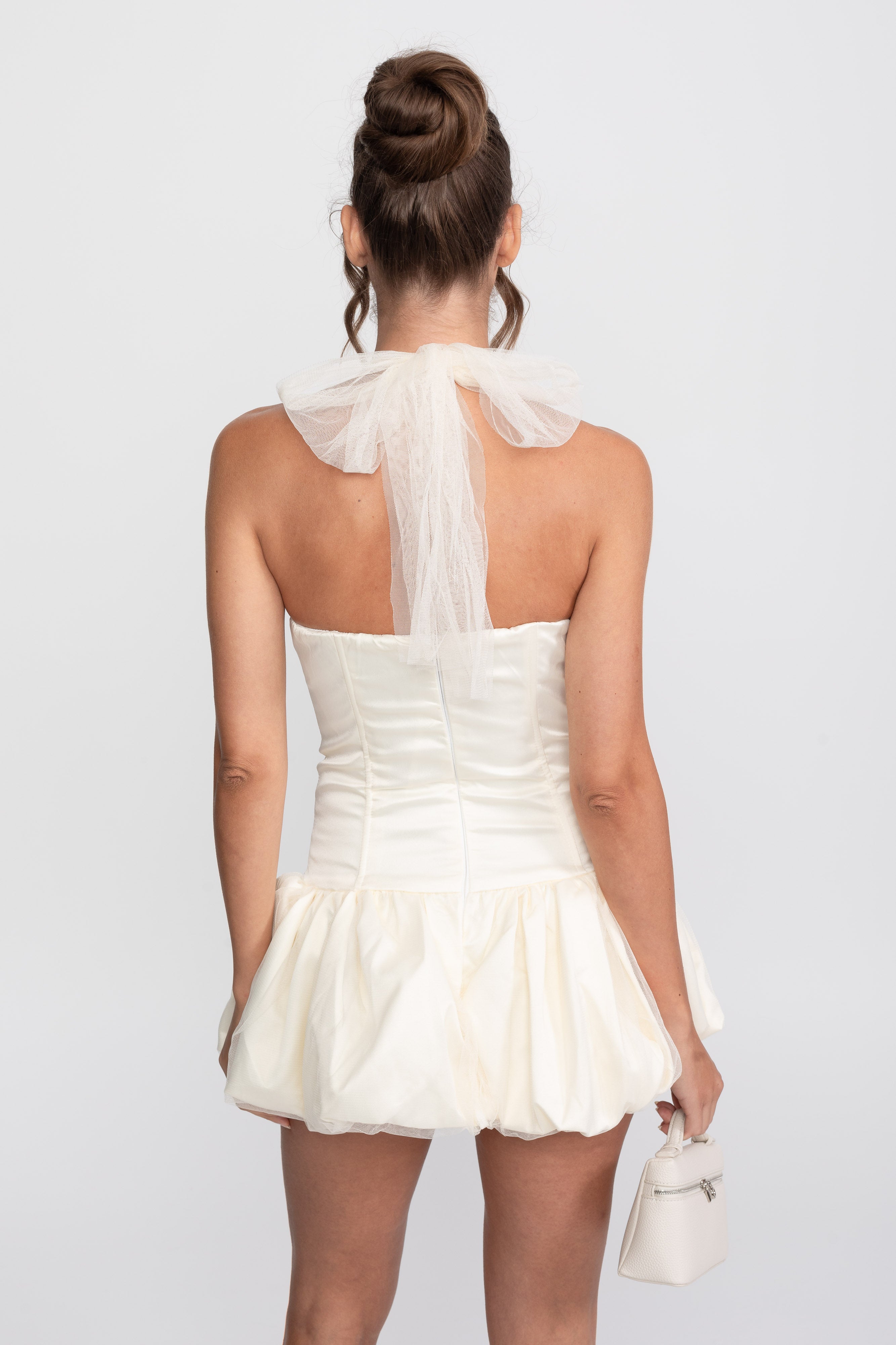 Corset Bubble Hem Mini Dress With Sheer Halter Tie - Ivoire