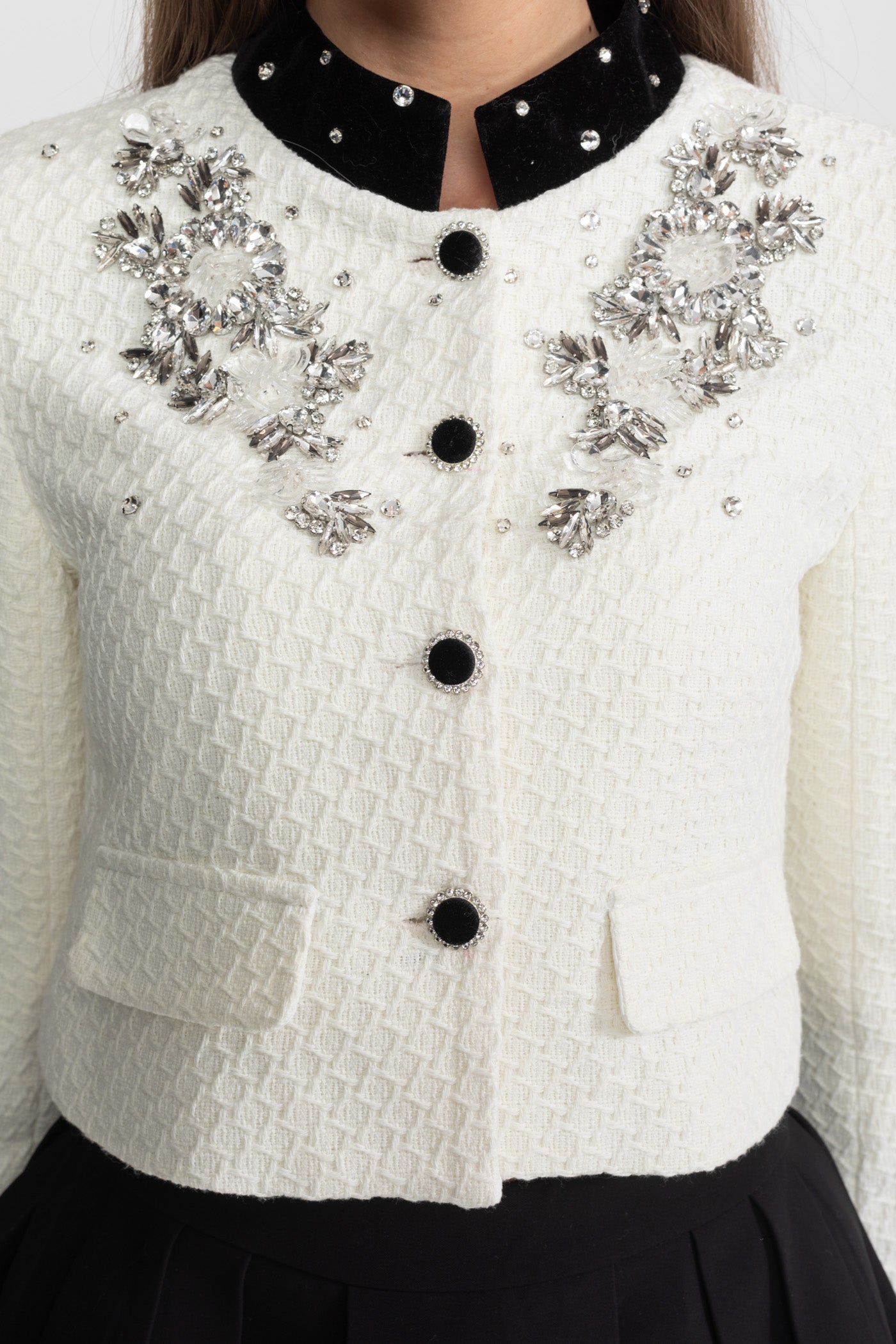 Embellished Textured Cropped Blazer with Crystal Floral Appliqué – White