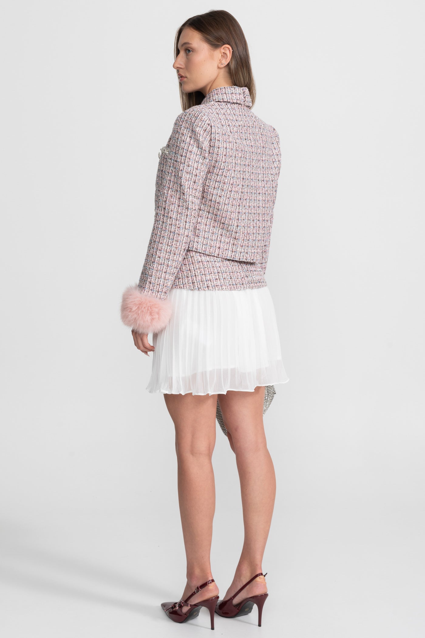 Tweed Cropped Jacket with Faux Fur Cuffs - Pink