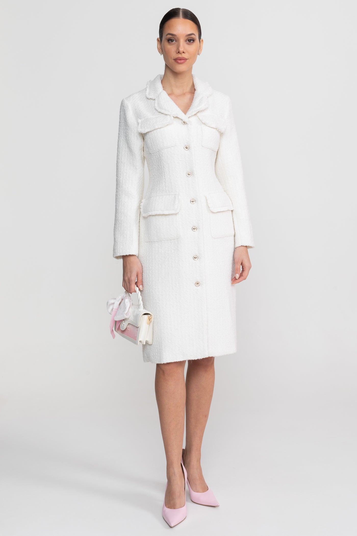 Bouclé Coat With Notched Collar And Button-Through Front - White